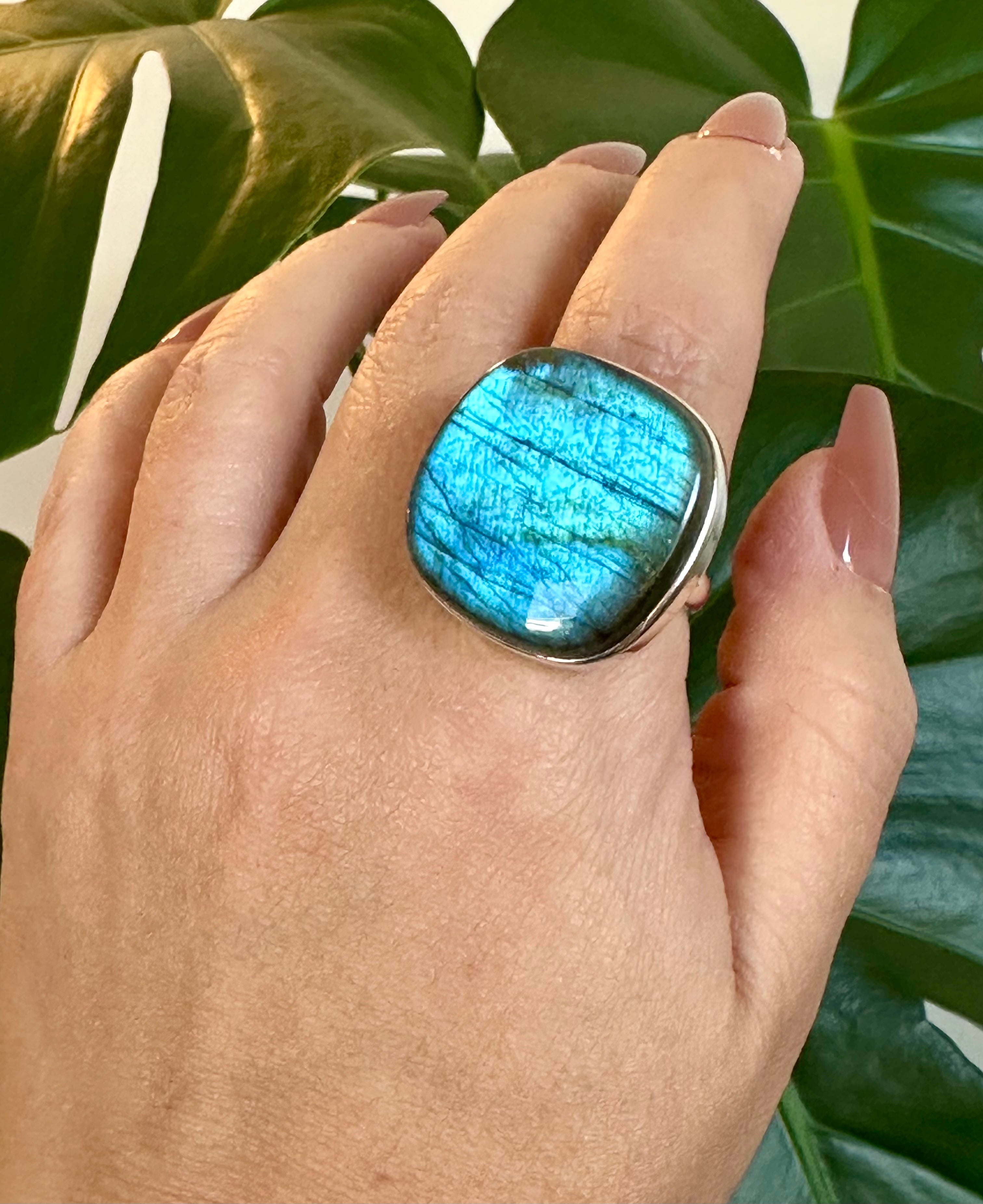 Large square-round Blue Labradorite Adjustable Silver Ring