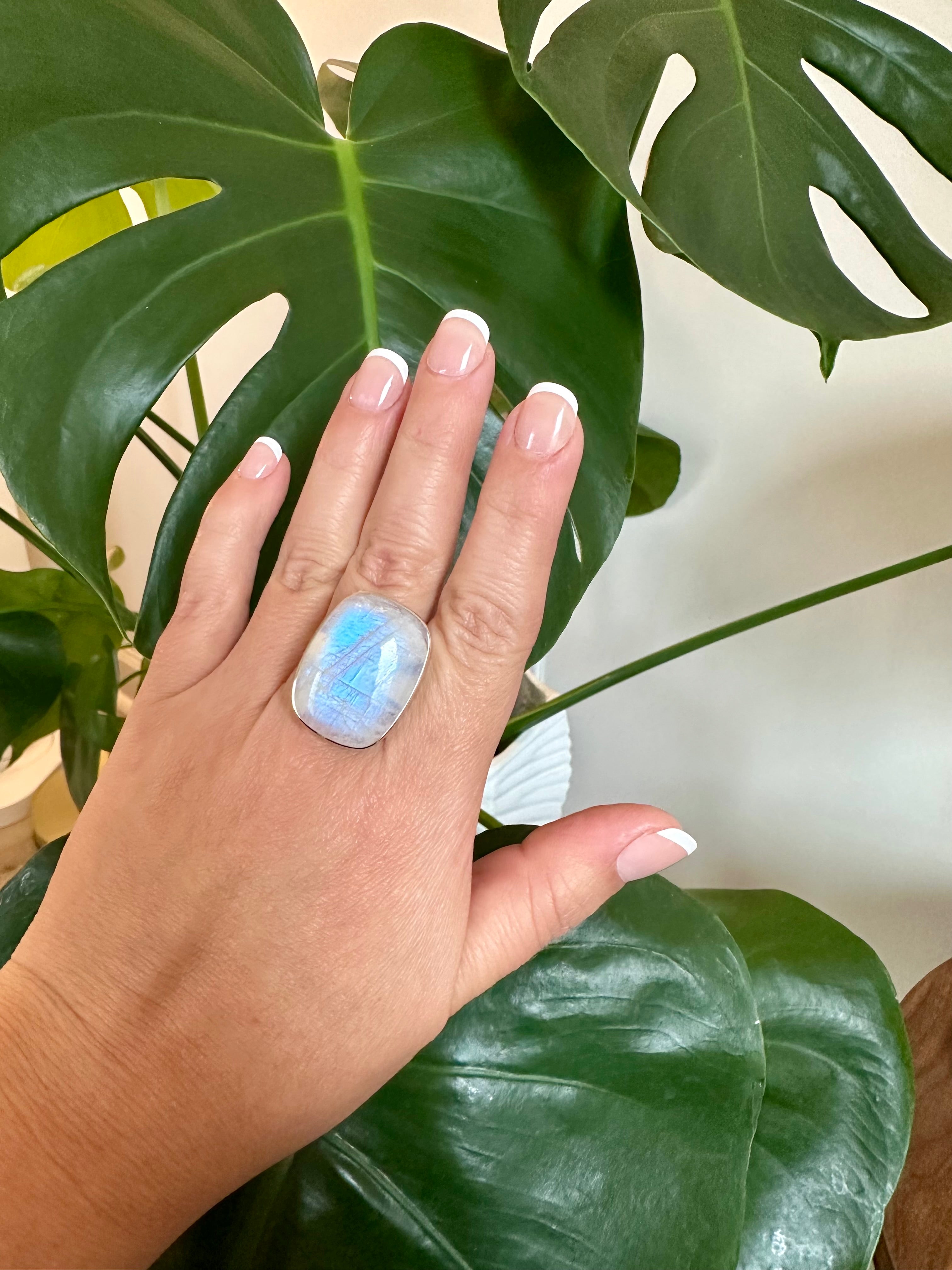 Moonstone Adjustable Silver Ring in Square-round shape.