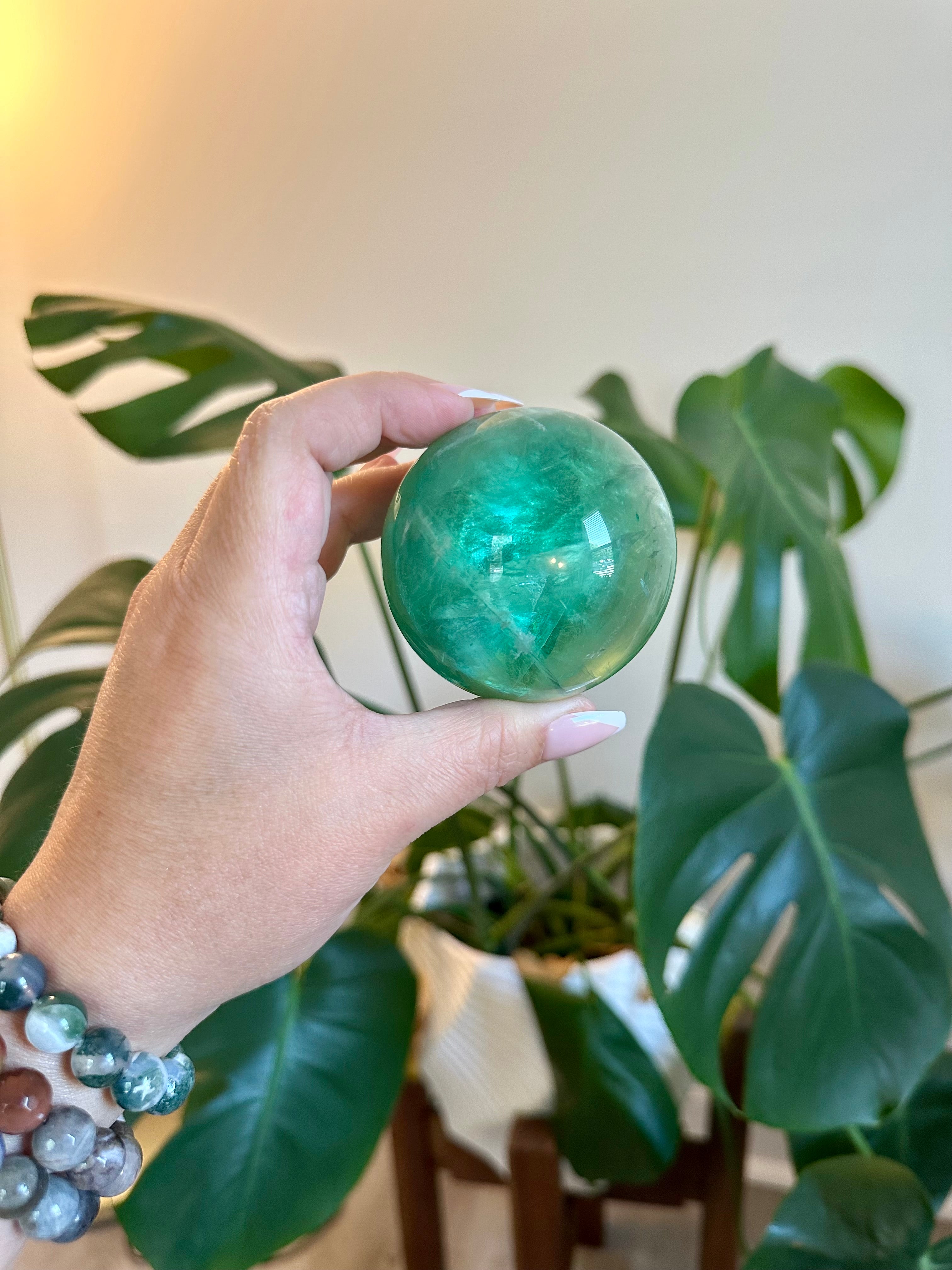 Gorgeous Emerald Green Fluorite Sphere. 65mm.