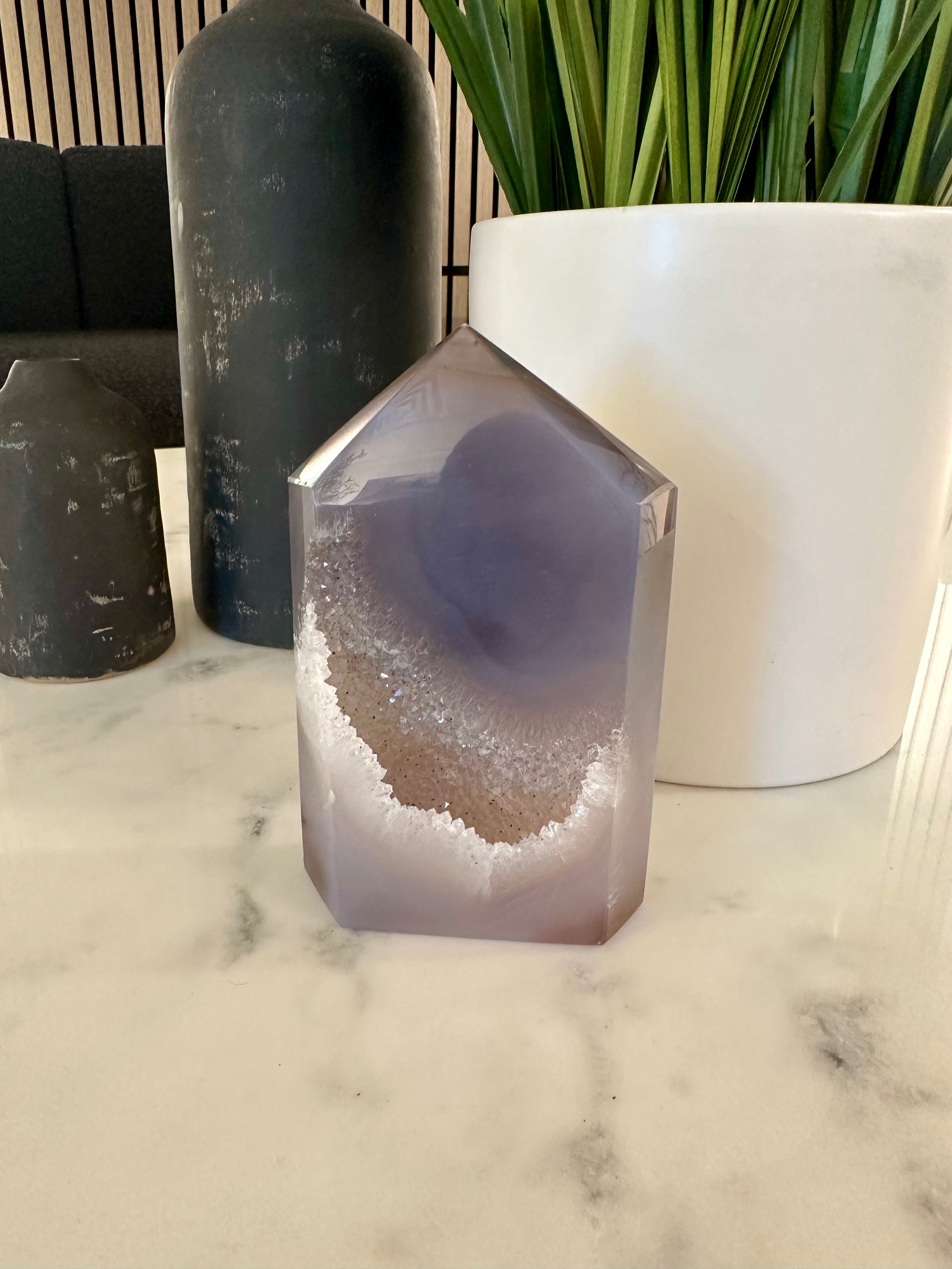 Large Grey Lavender Agate Tower with Galaxy-like Druzy.