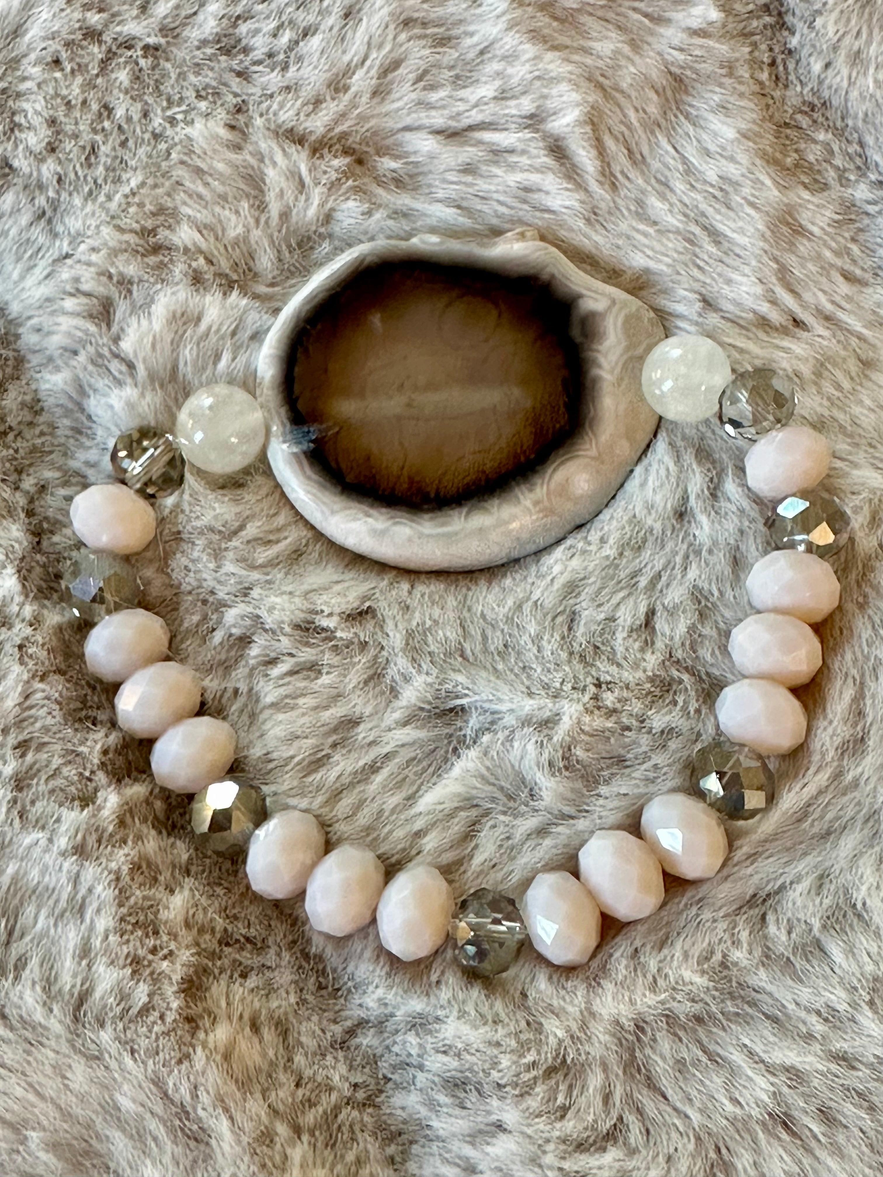 Natural Agate Slice bracelet with moonstone, neutral and smoky beads. Chic stackable bracelet.