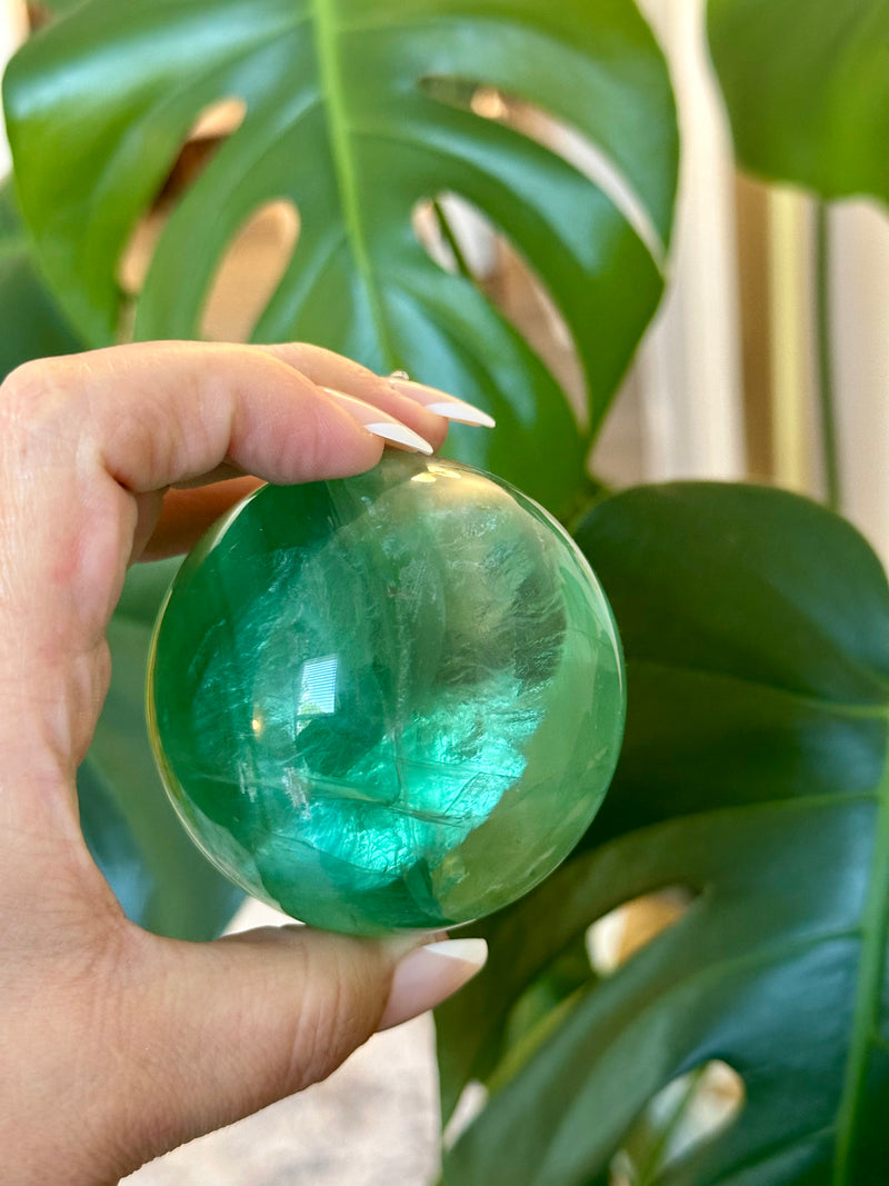 Gorgeous Emerald Green Fluorite Sphere. 65mm.