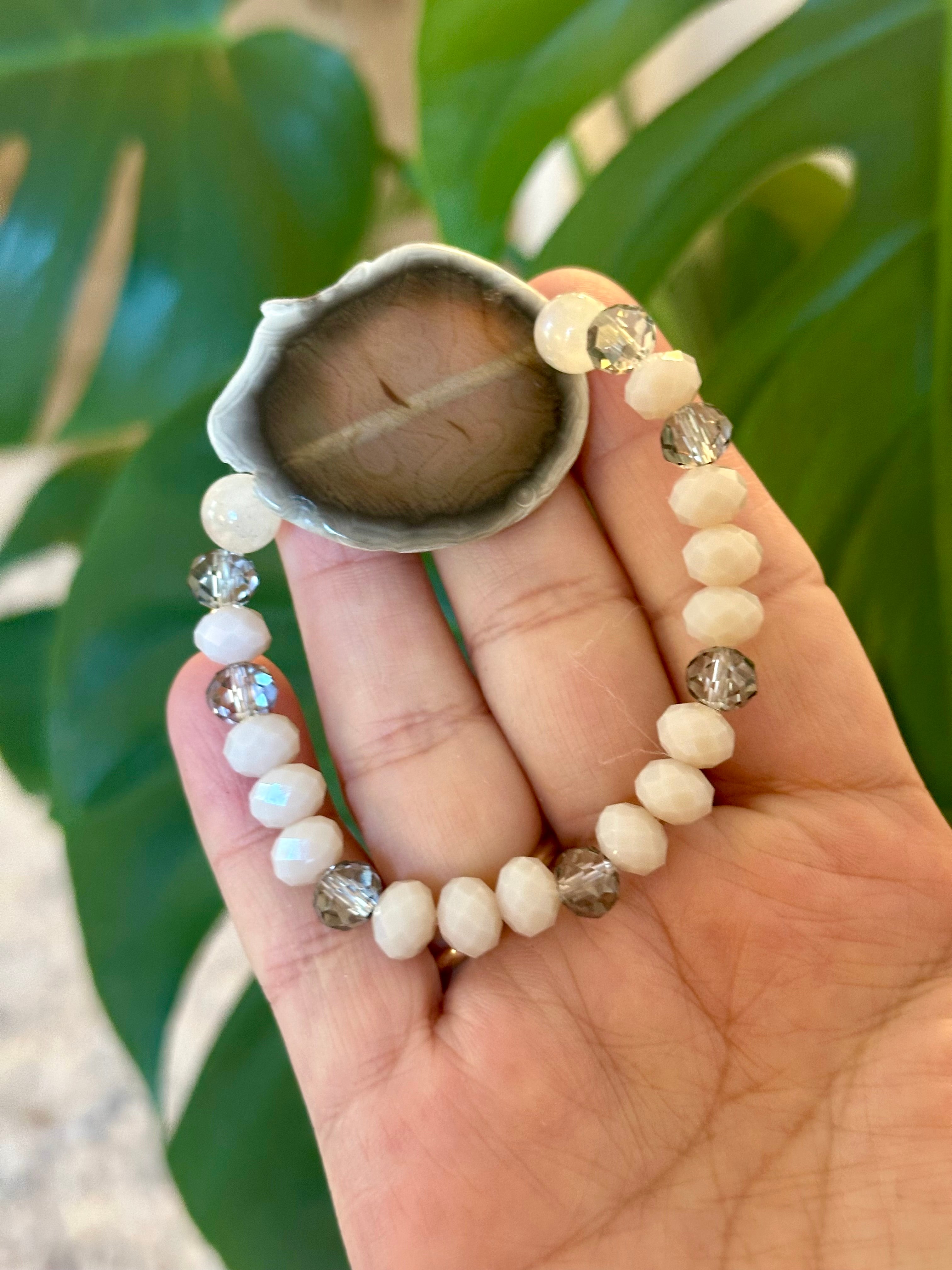 Natural Agate Slice bracelet with moonstone, neutral and smoky beads. Chic stackable bracelet.