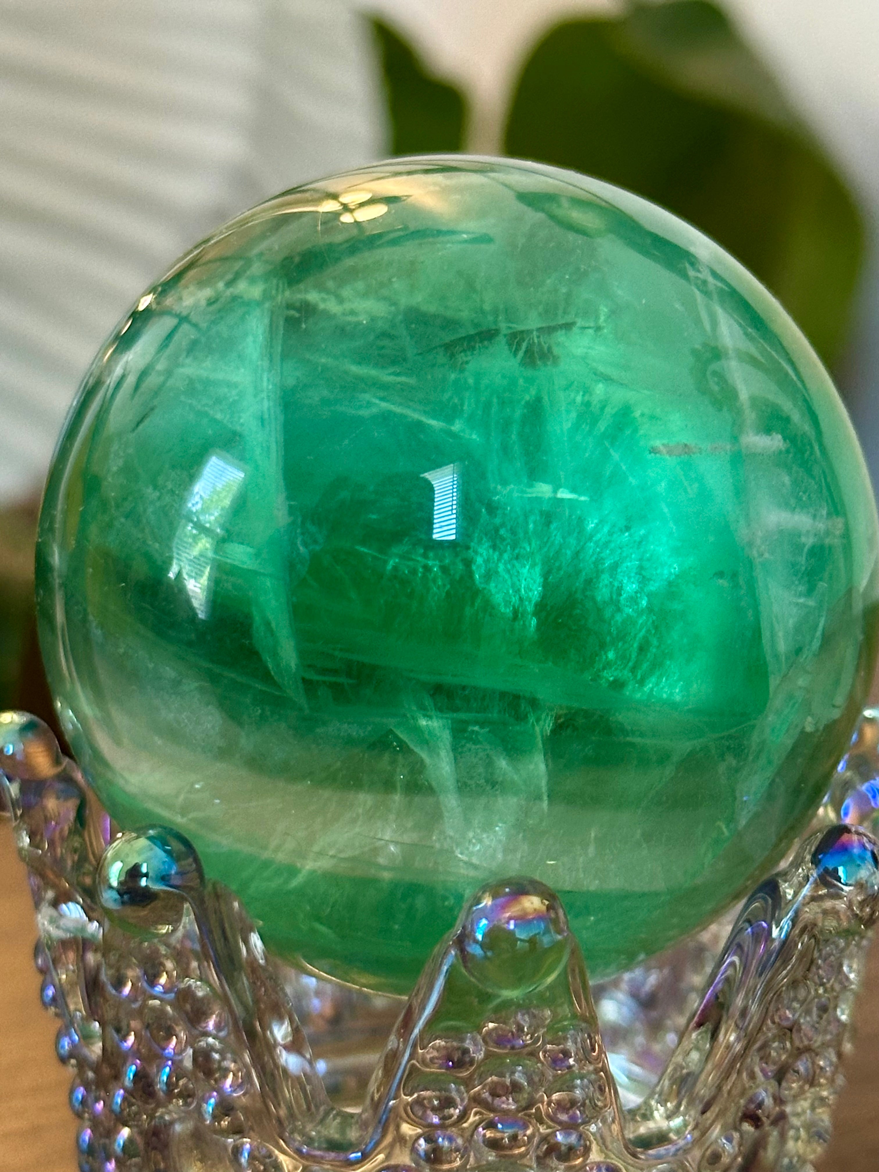 Gorgeous Emerald Green Fluorite Sphere. 65mm.