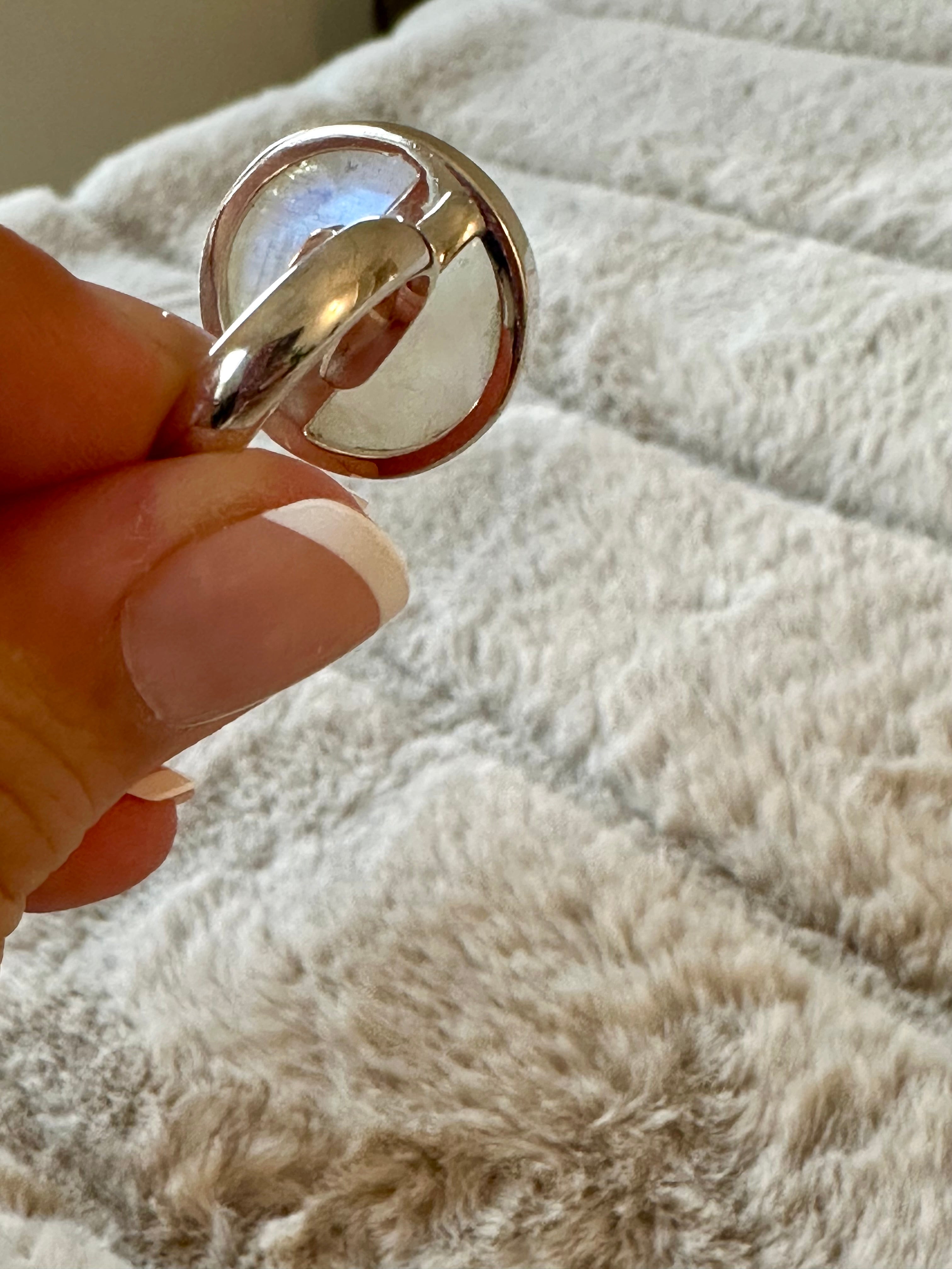 Moonstone Adjustable Silver Ring in Round shape.