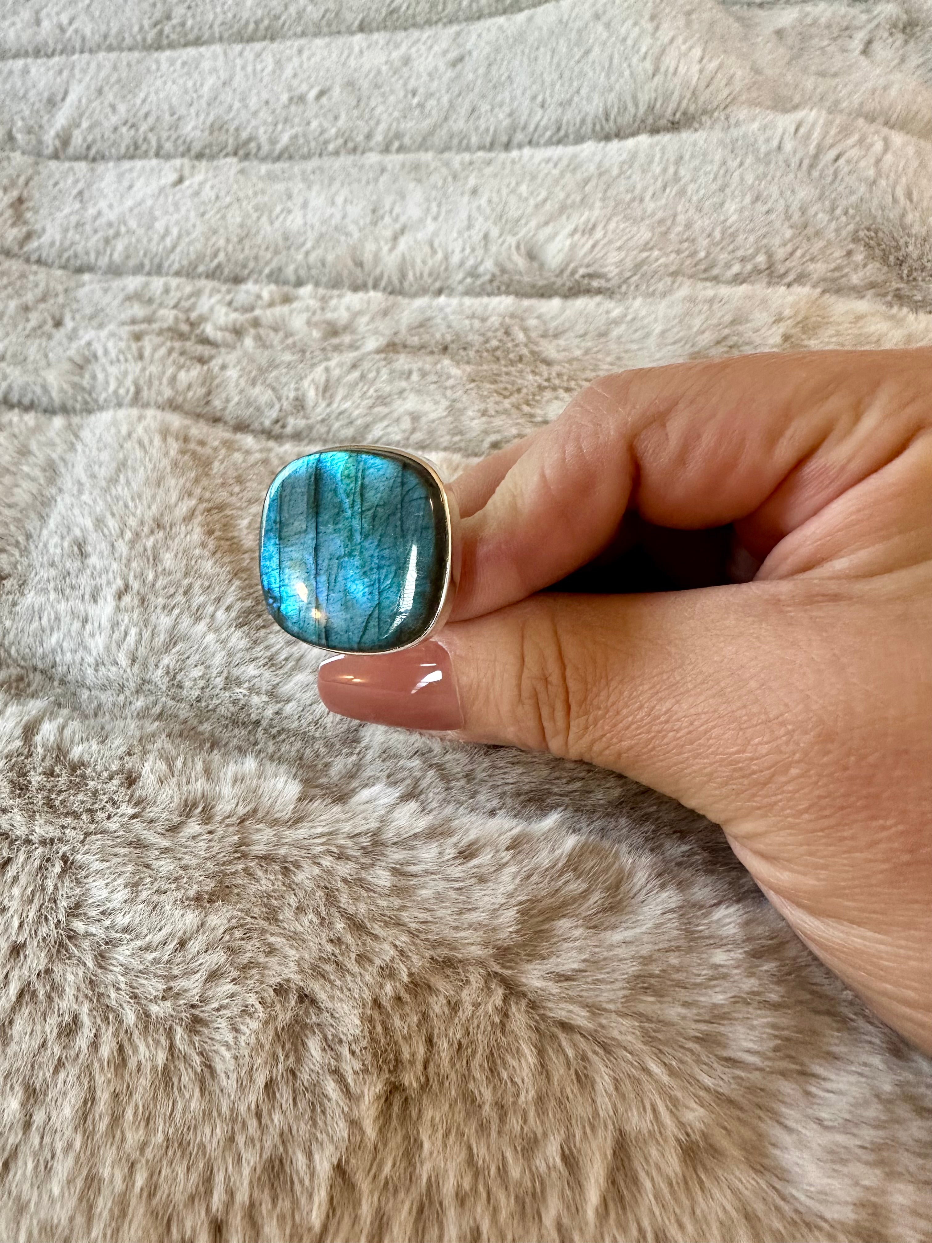 Large square-round Blue Labradorite Adjustable Silver Ring