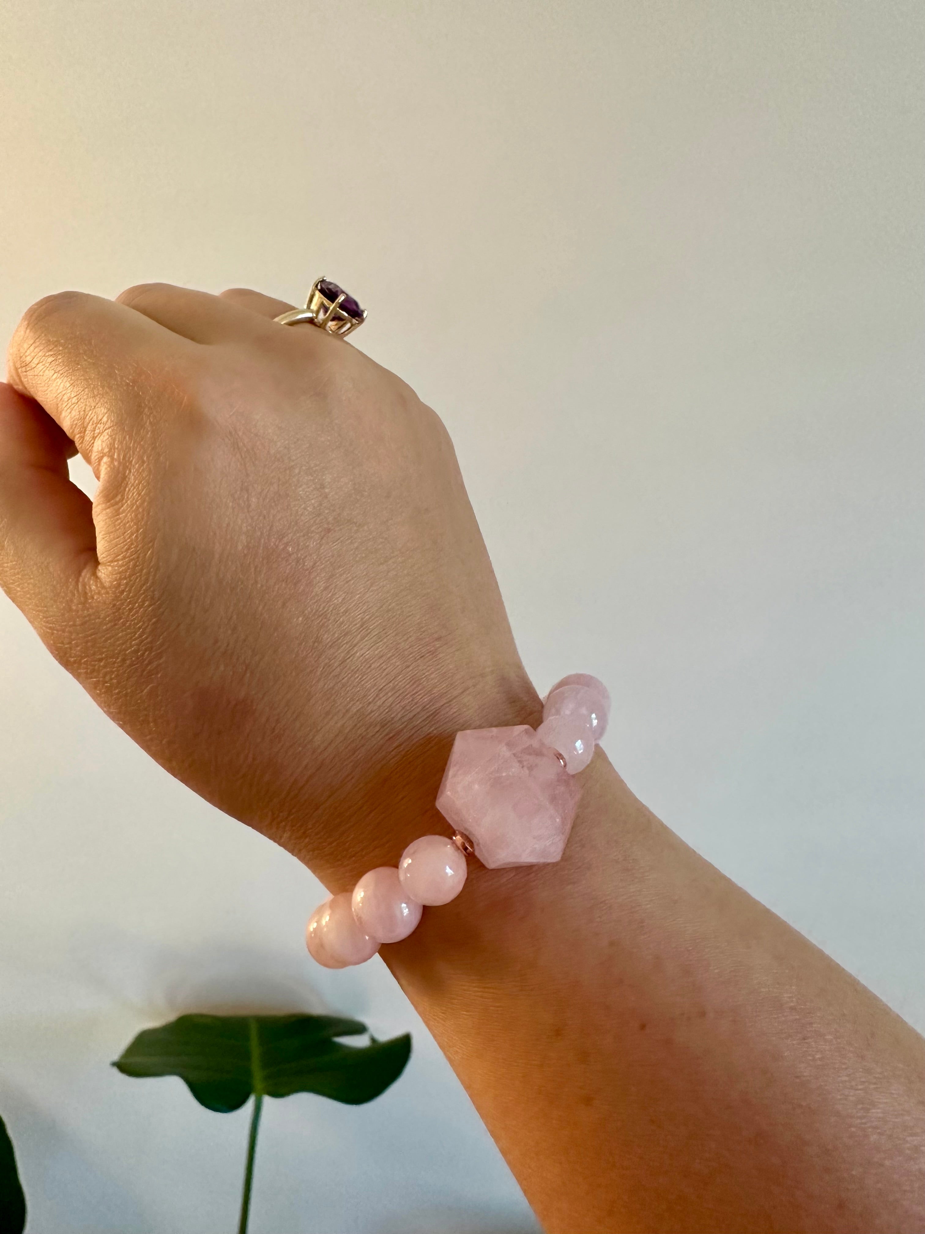 Sacred geometry inspired bracelet with Moroccan rose quartz beads. Genuine Rose quartz beaded bracelet.