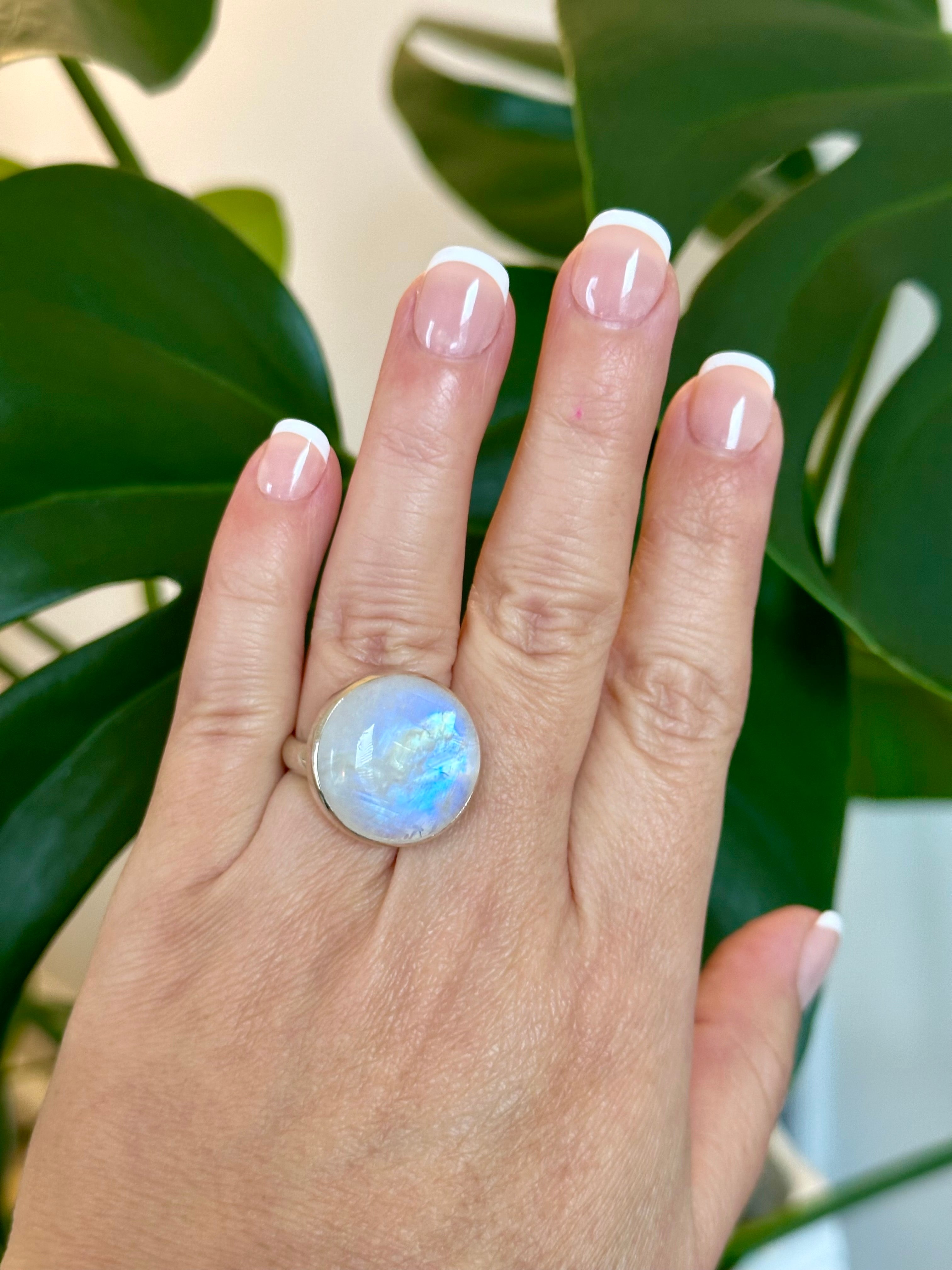 Moonstone Adjustable Silver Ring in Round shape.