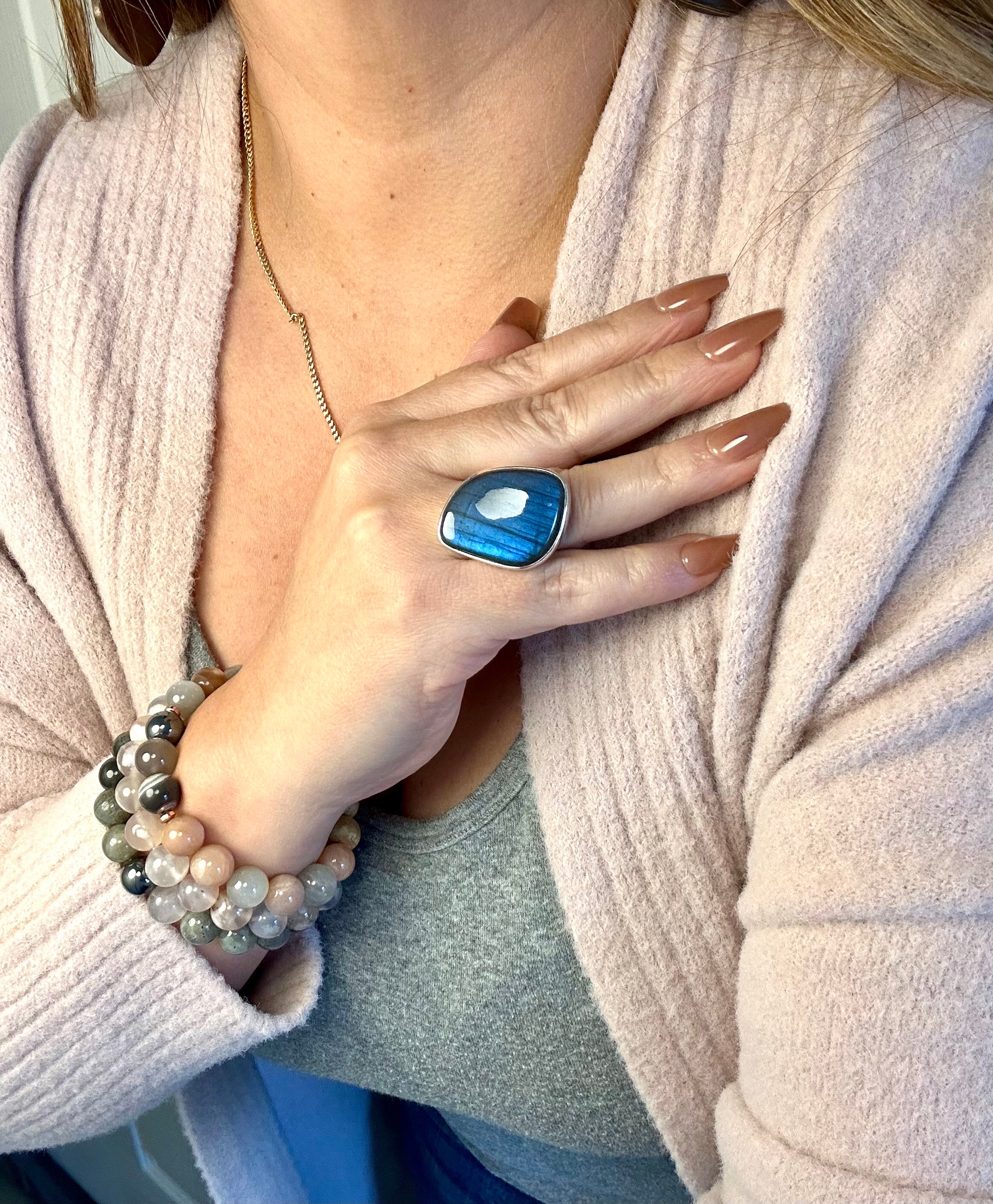 Large free-form Blue Labradorite Adjustable Silver Ring