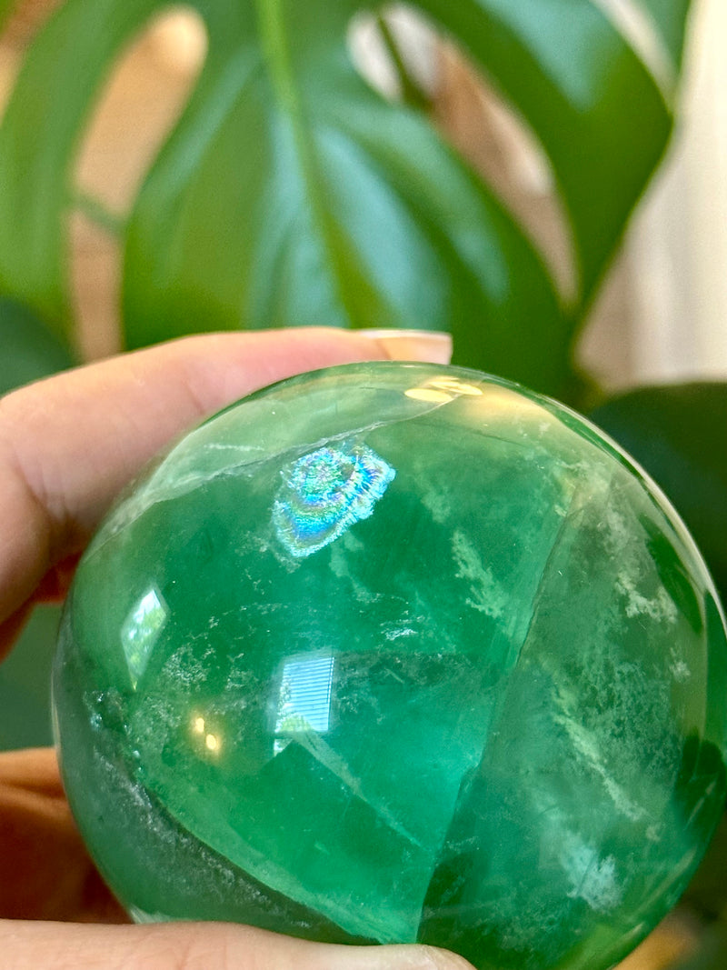 Gorgeous Emerald Green Fluorite Sphere. 65mm.