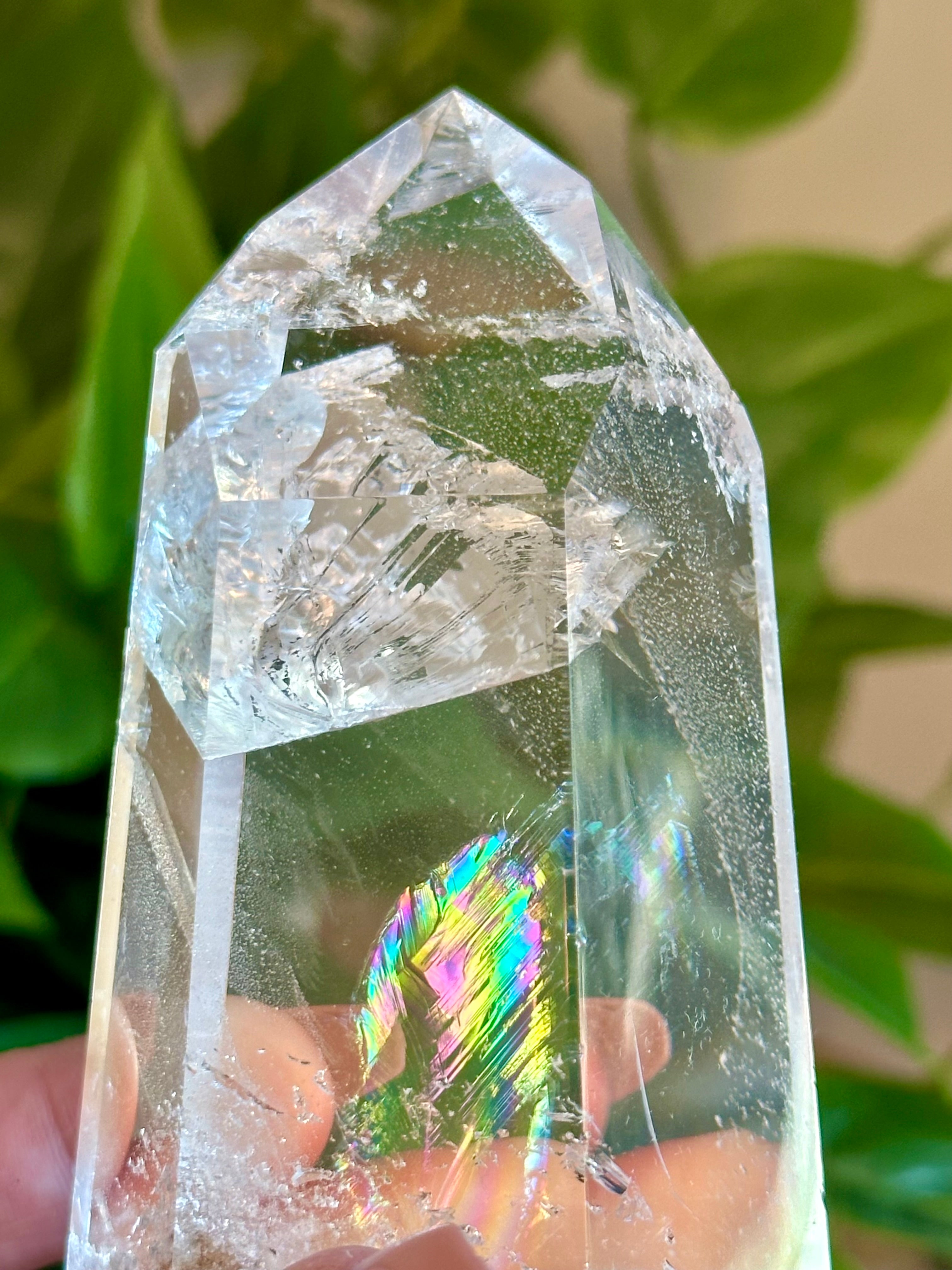 High Grade Quartz tower with Rare Rainbow Feather.