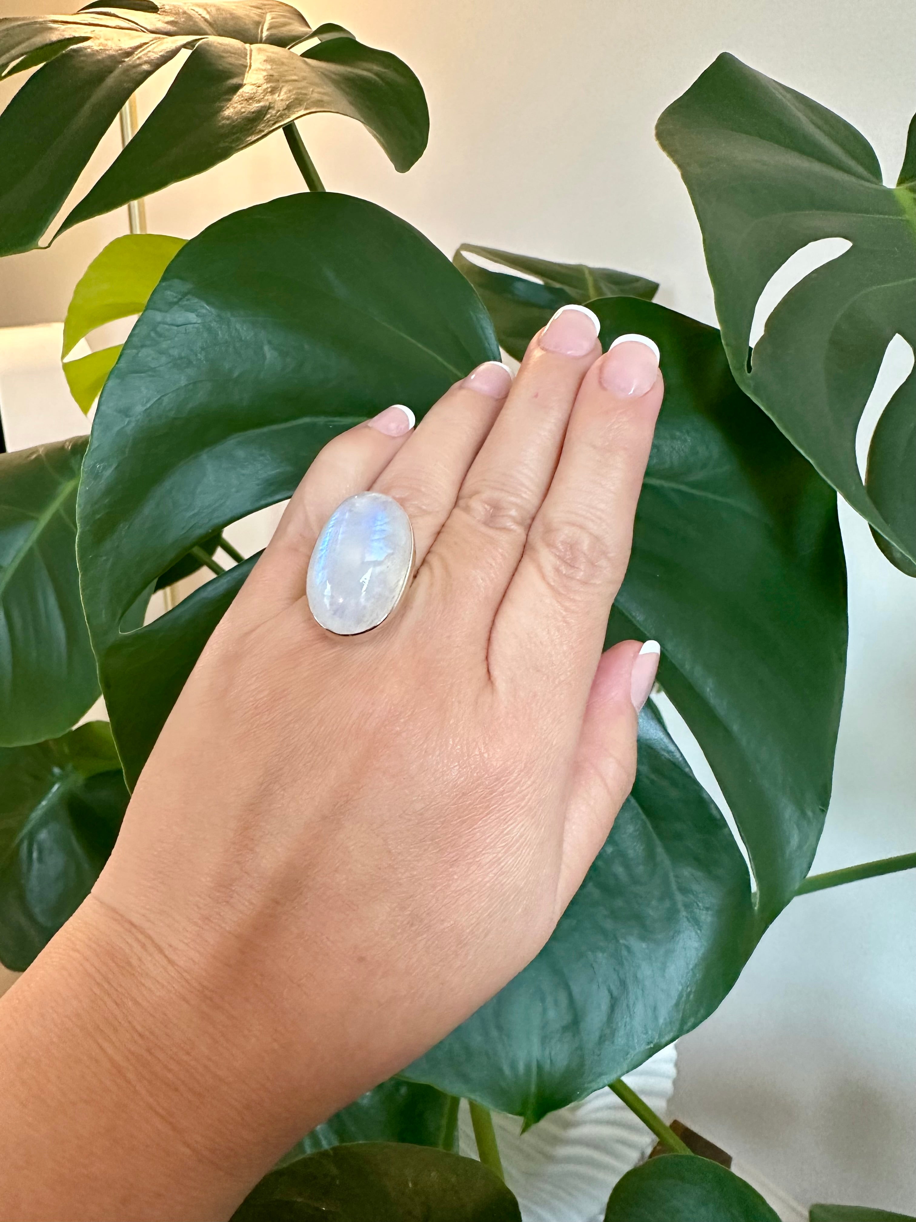 Moonstone Adjustable Silver Ring in Oval-mounded shape.