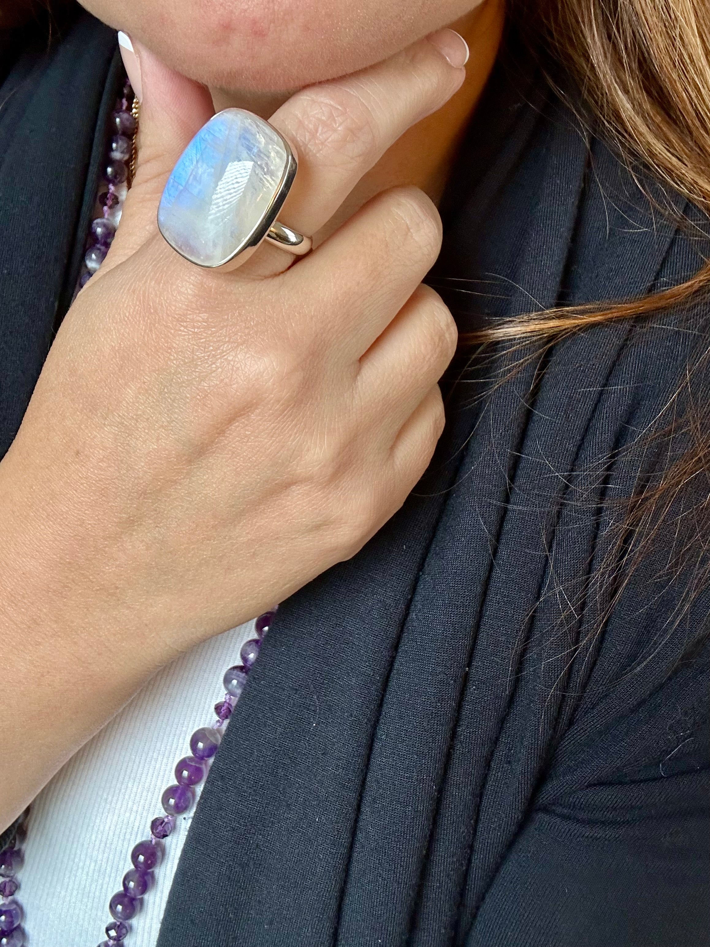 Moonstone Adjustable Silver Ring in Square-round shape.