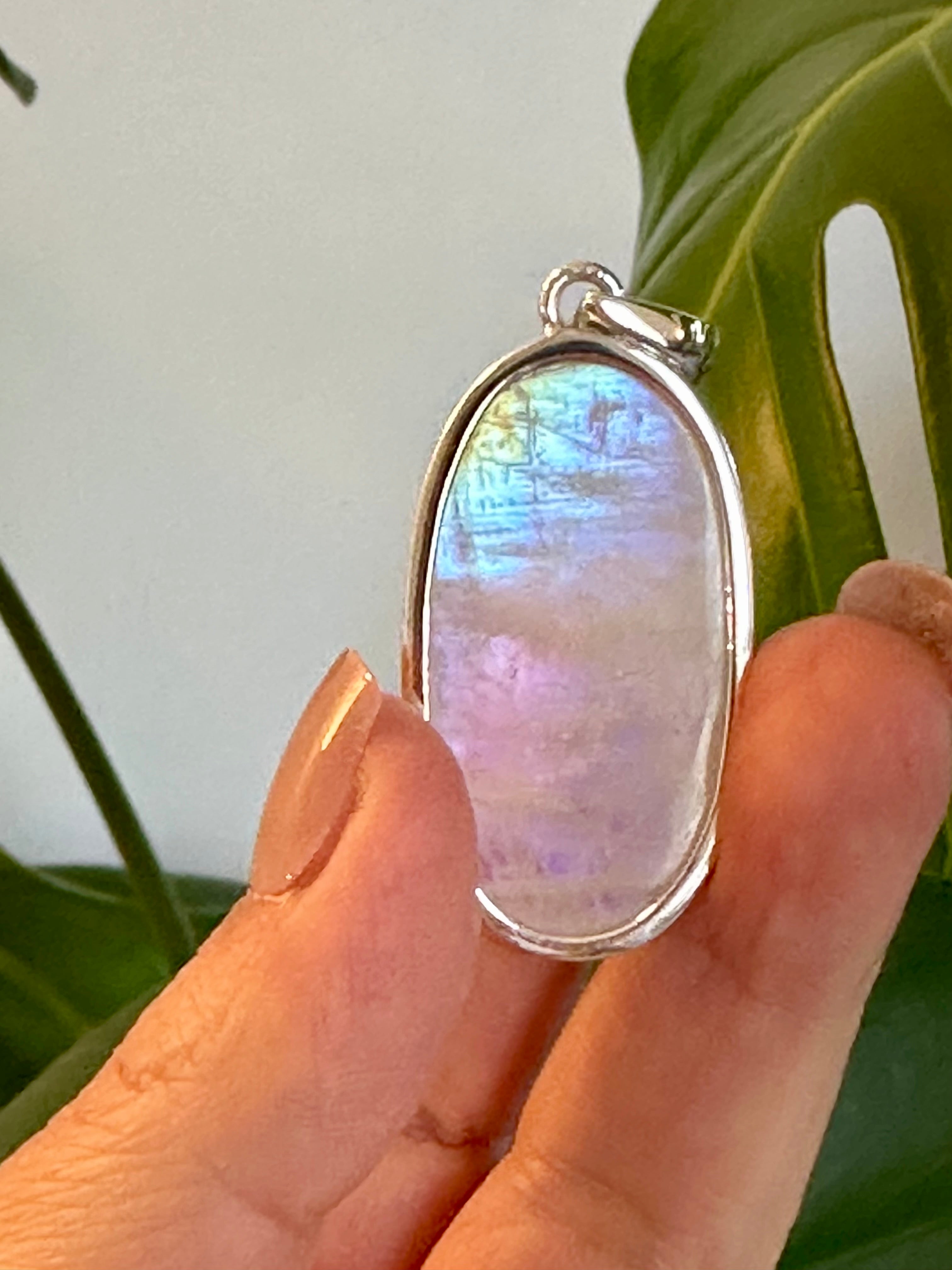 Oblong Moonstone Silver Pendant.