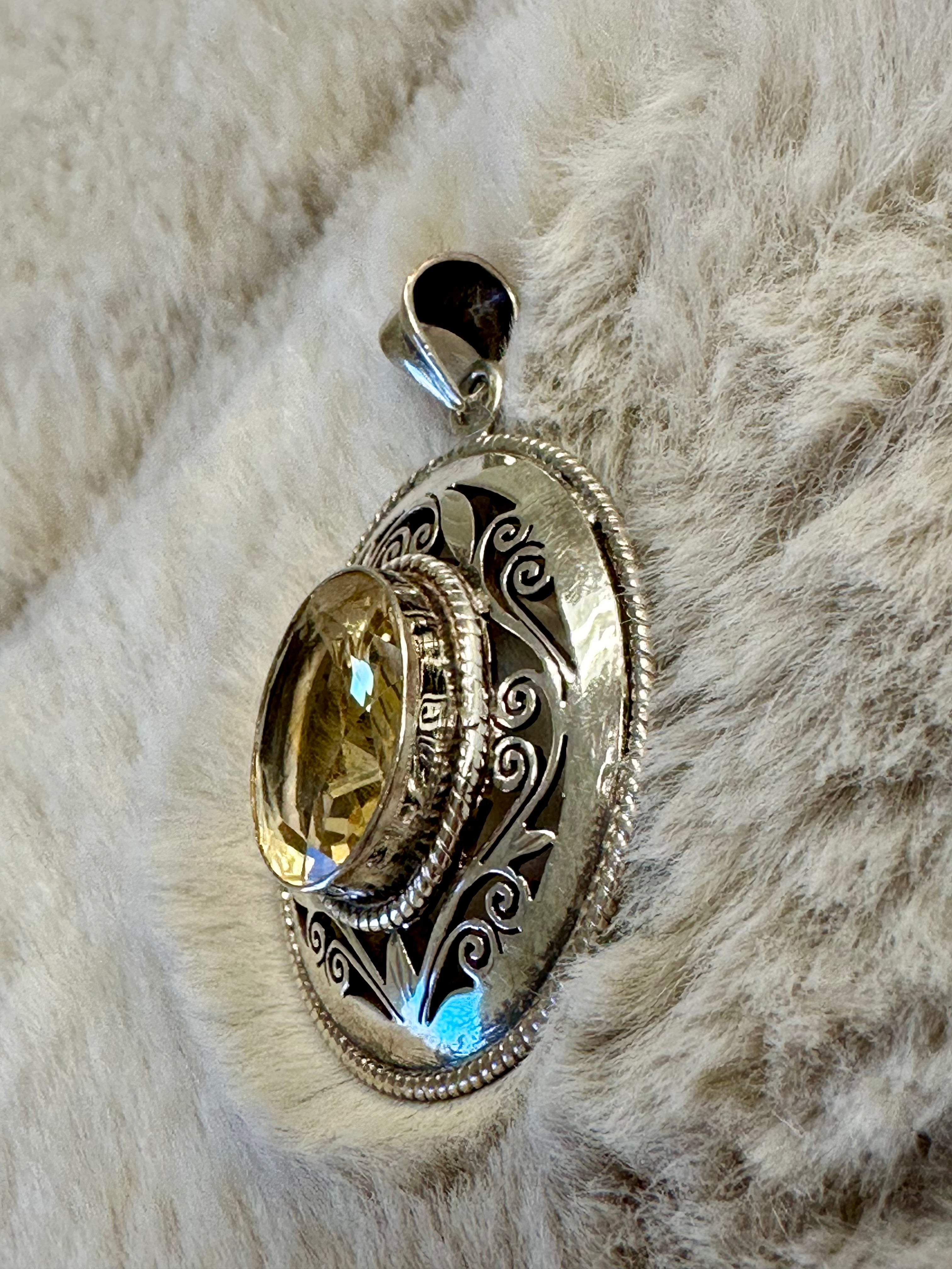 Large hand-crafted Sterling Silver Pendant with Genuine Citrine gemstone.