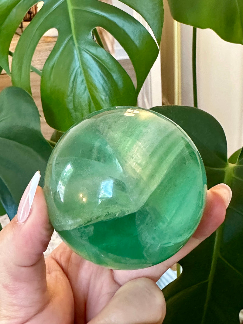 Gorgeous Emerald Green Fluorite Sphere. 65mm.