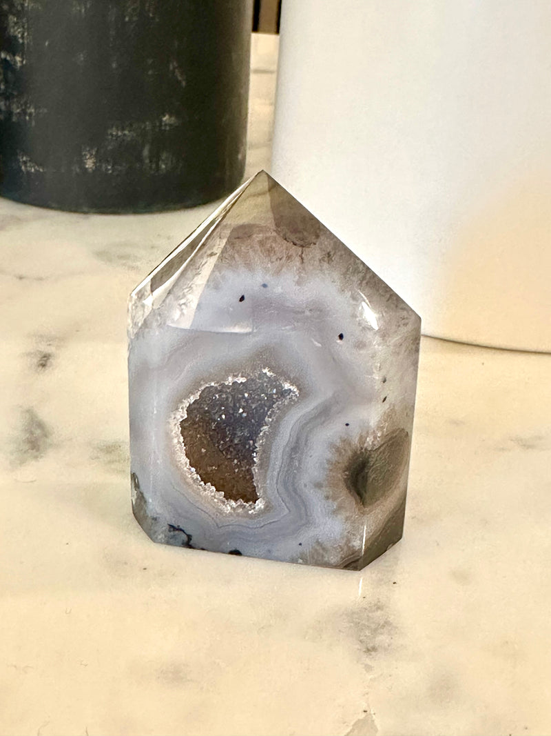 Medium Grey Agate Tower with Sugar Druzy with stunning features.