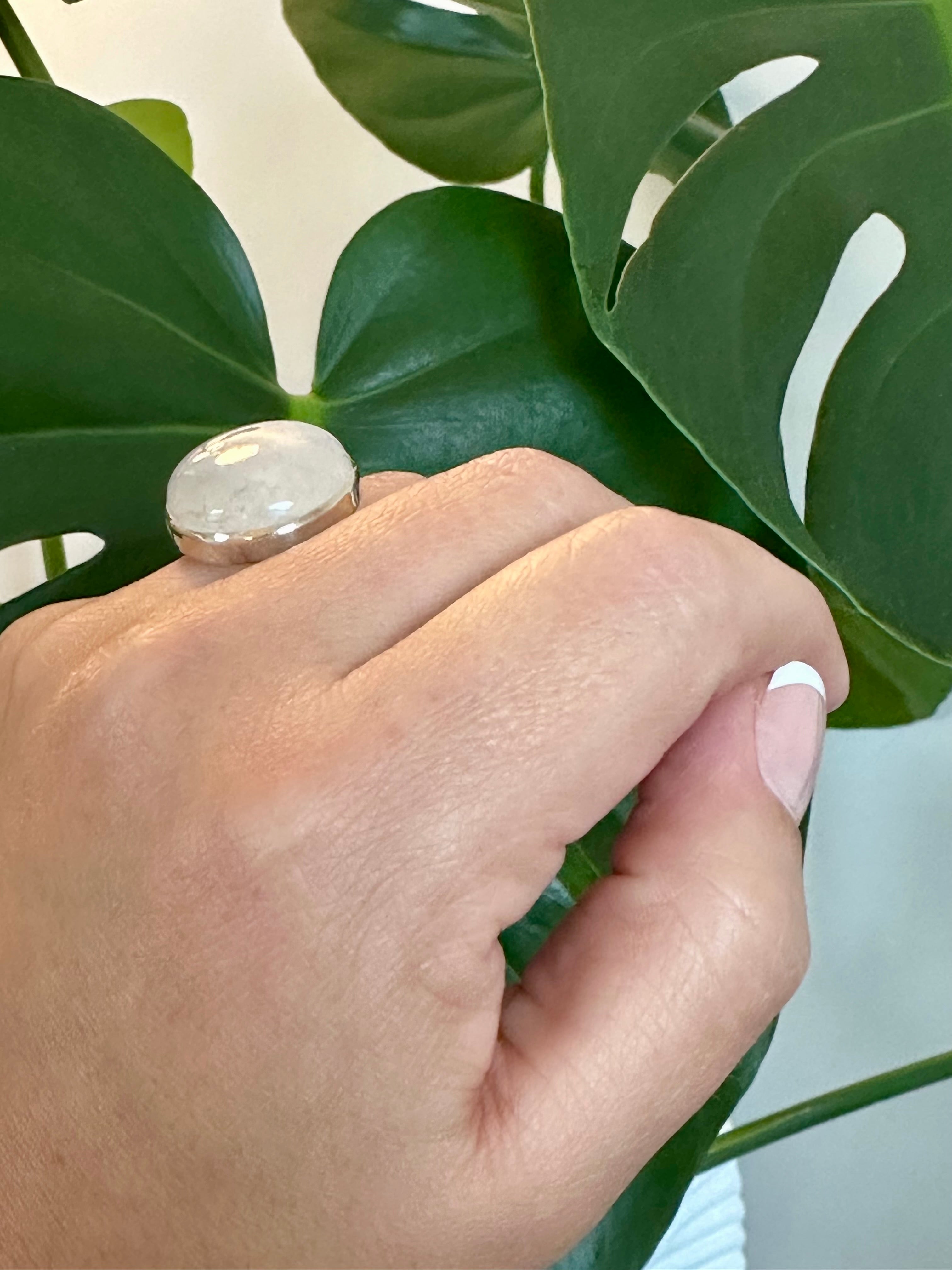 Moonstone Adjustable Silver Ring in Round shape.