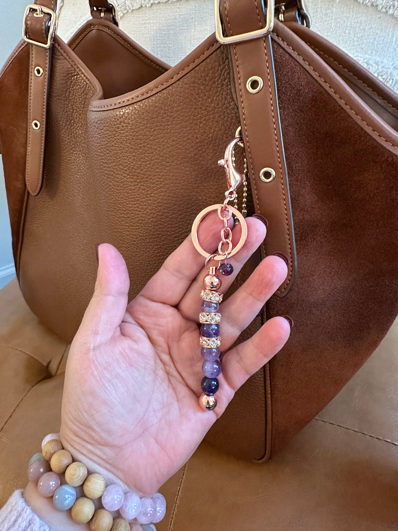 Natural Gemstone Rose Gold, Gold keychain. Rose quartz, quartz, amethyst crystal key chain.