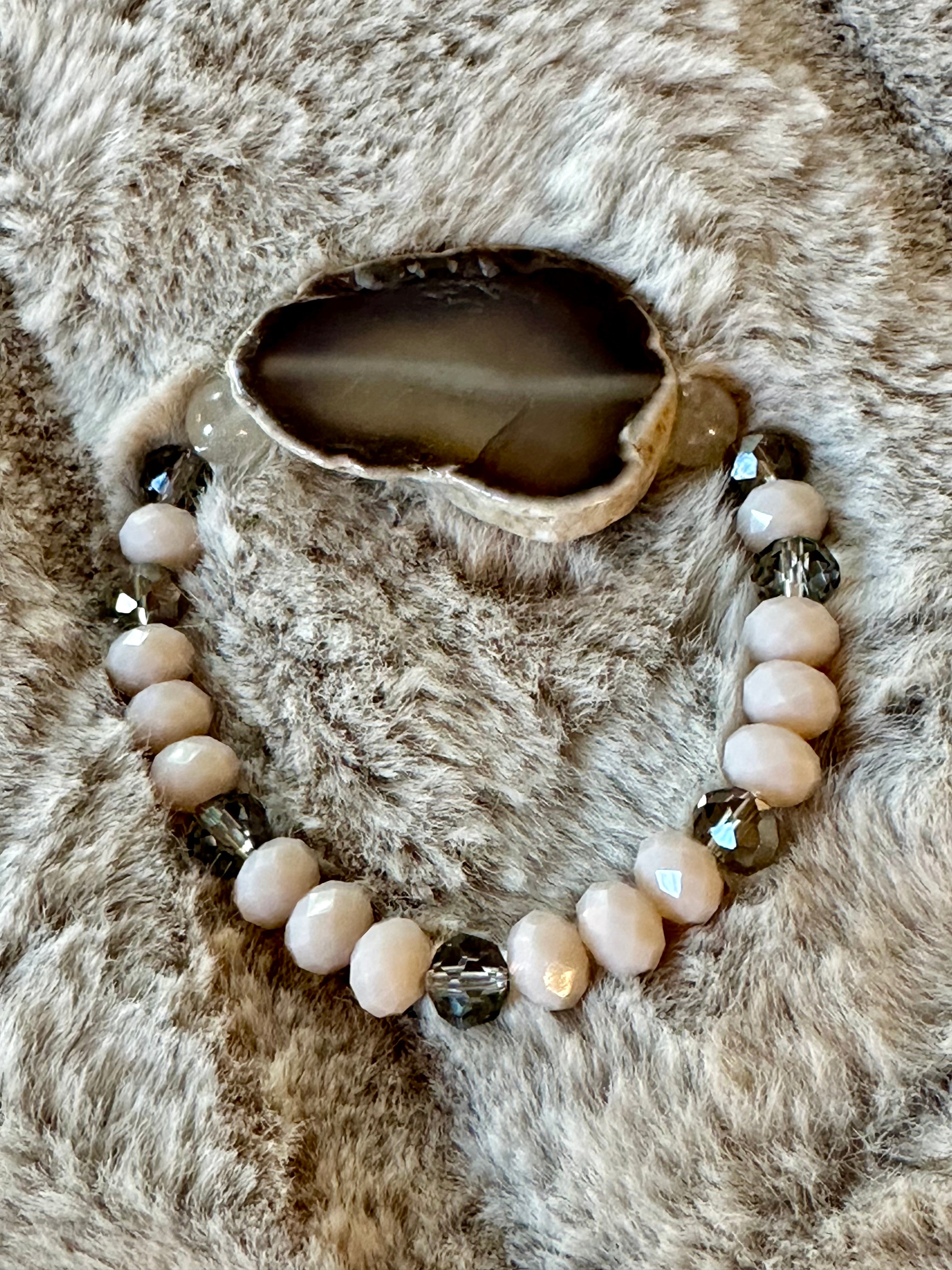 Natural Agate Slice bracelet with moonstone, neutral and smoky beads. Chic stackable bracelet.