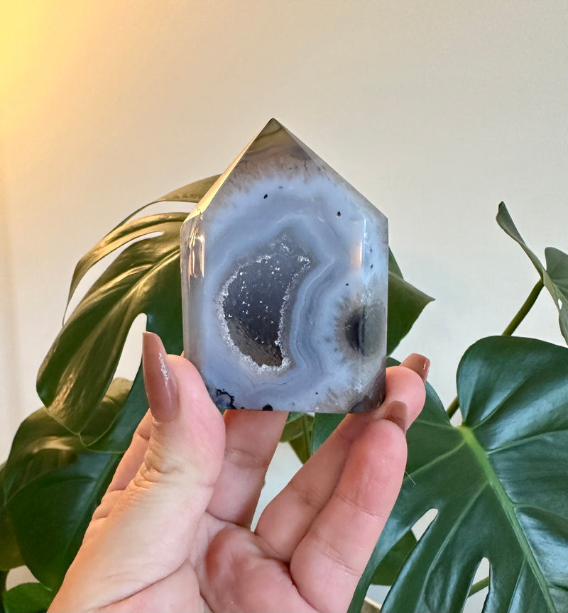 Medium Grey Agate Tower with Sugar Druzy with stunning features.