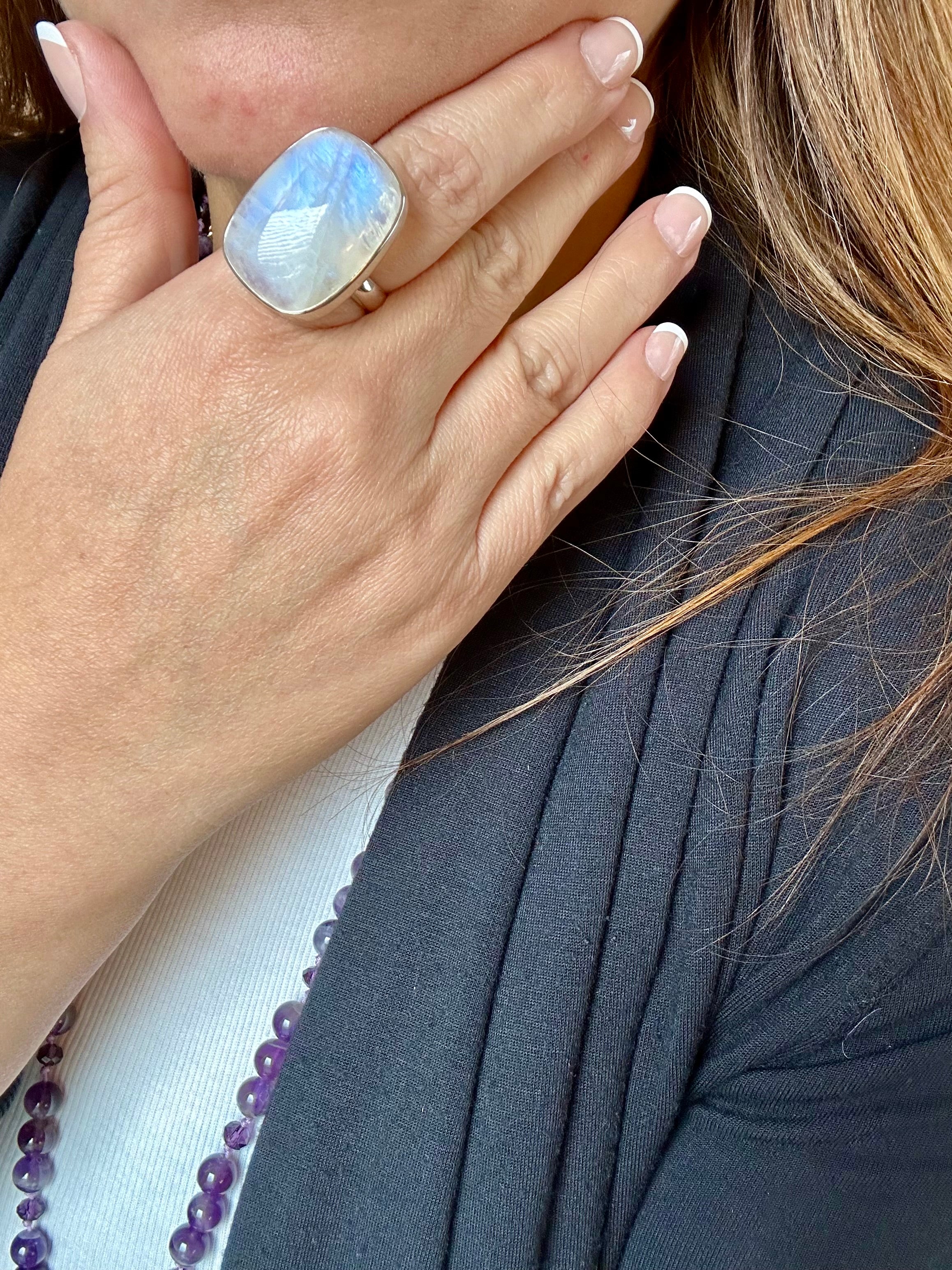 Moonstone Adjustable Silver Ring in Square-round shape.