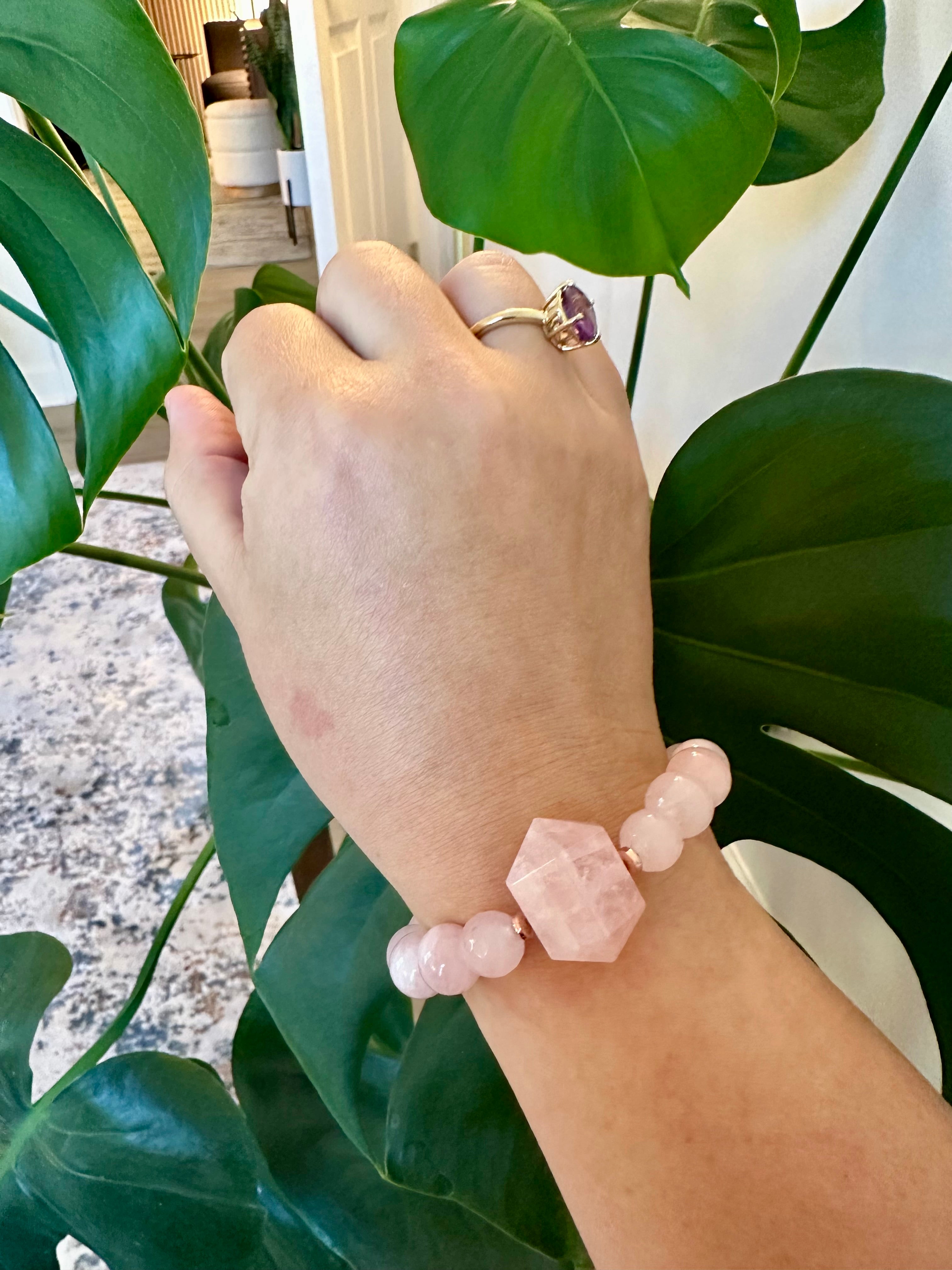 Sacred geometry inspired bracelet with Moroccan rose quartz beads. Genuine Rose quartz beaded bracelet.