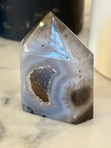 Medium Grey Agate Tower with Sugar Druzy with stunning features.