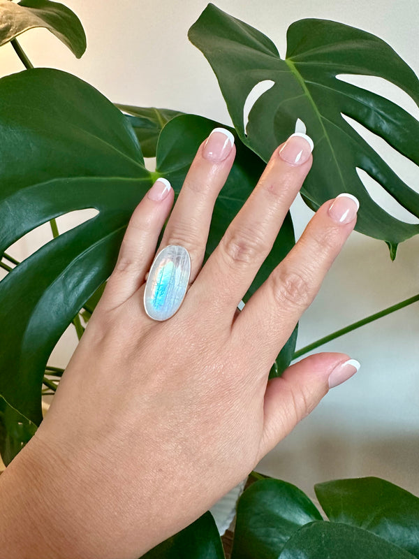 Moonstone Adjustable Silver Ring in Oval elongated shape.