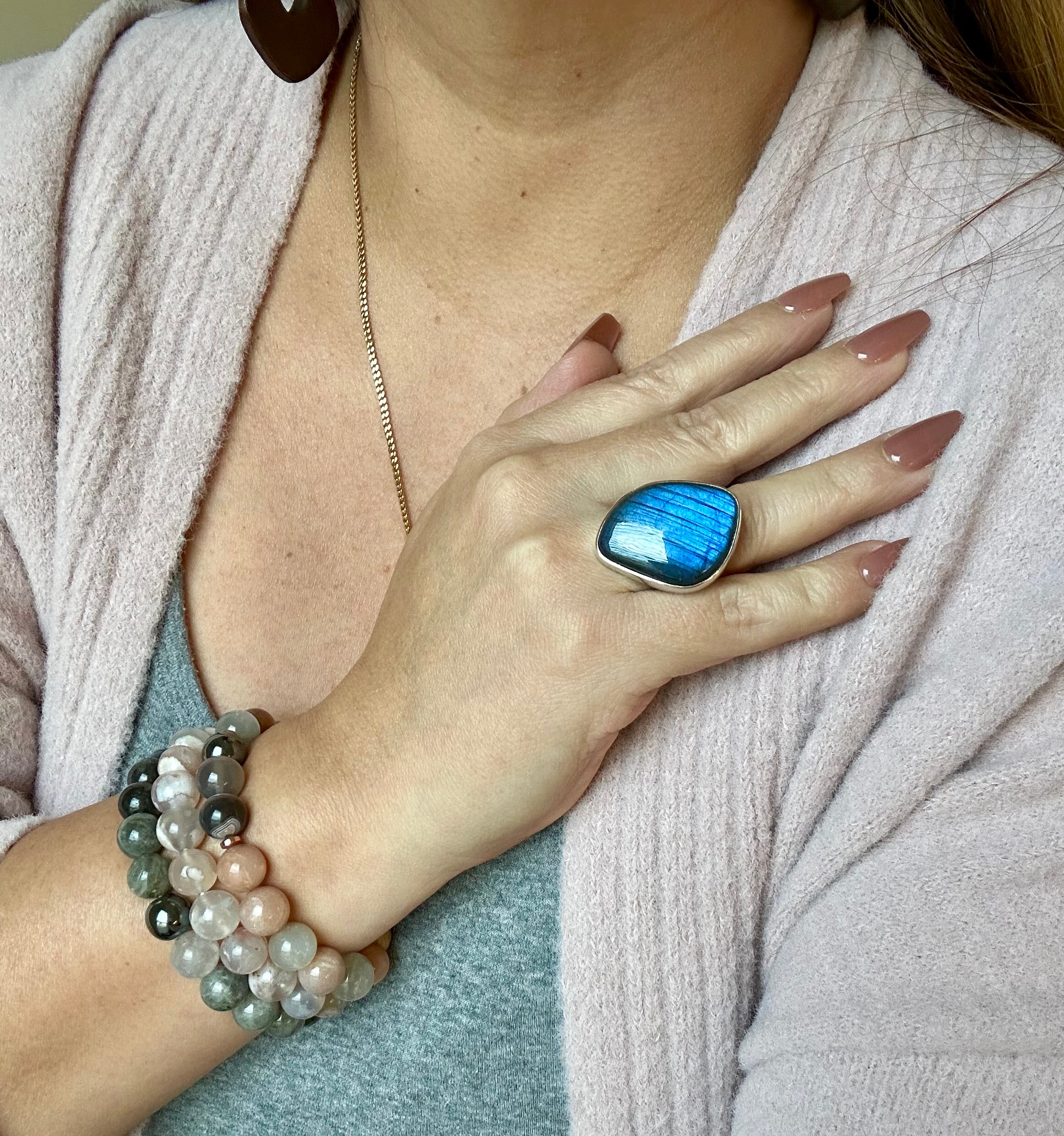 Large free-form Blue Labradorite Adjustable Silver Ring