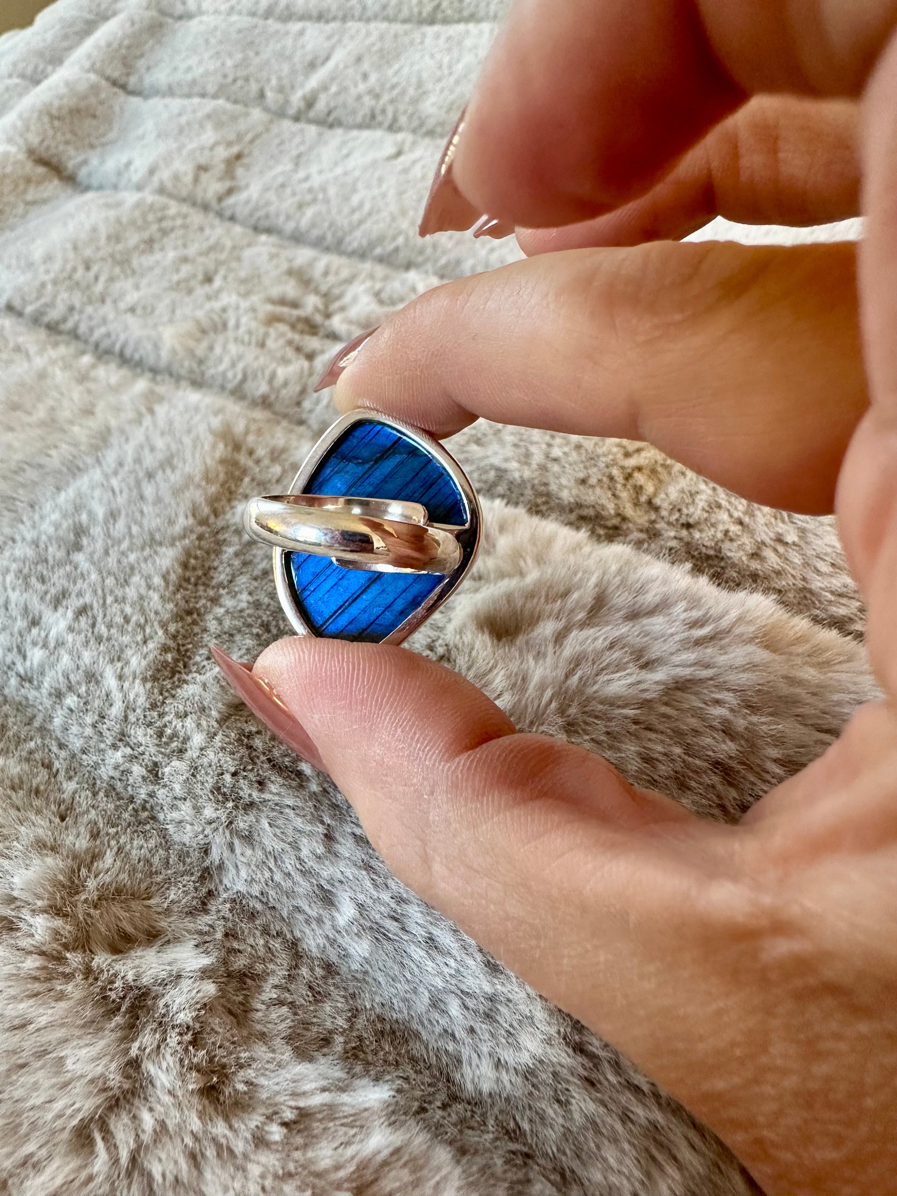 Large free-form Blue Labradorite Adjustable Silver Ring