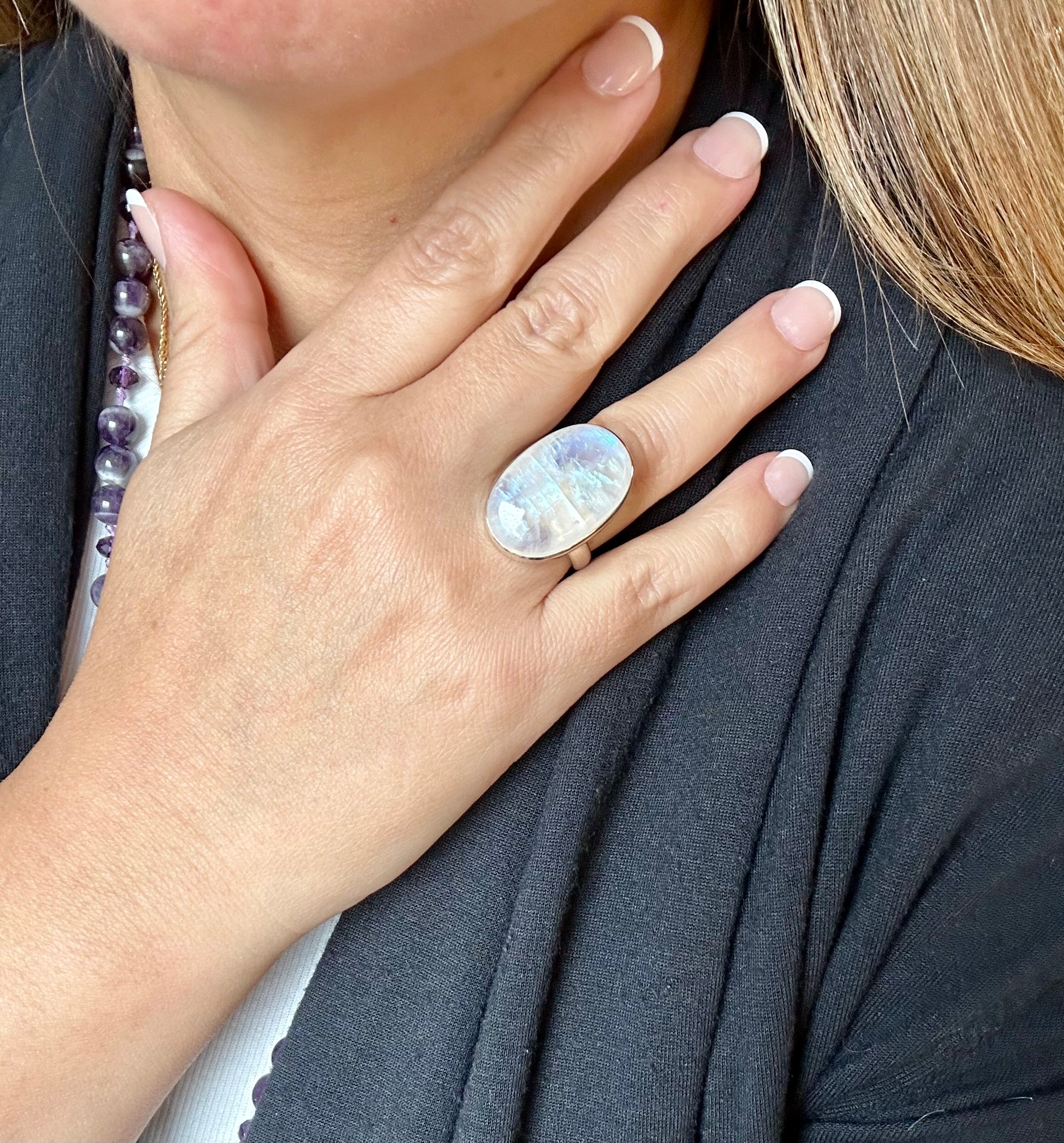 Moonstone Adjustable Silver Ring in Oblong shape.