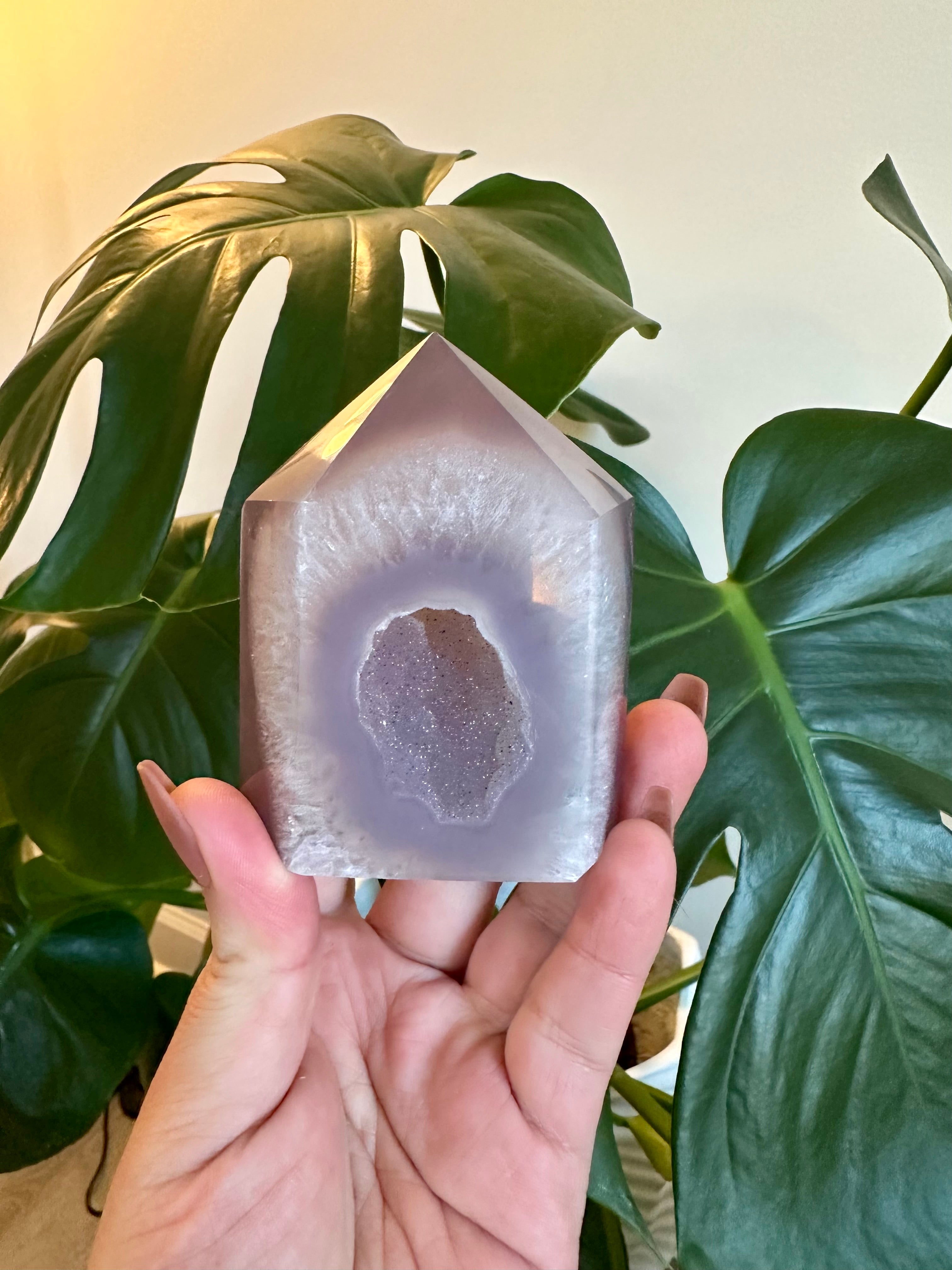 Medium Grey Lavender Agate Tower with Goethite Sugar Druzy.