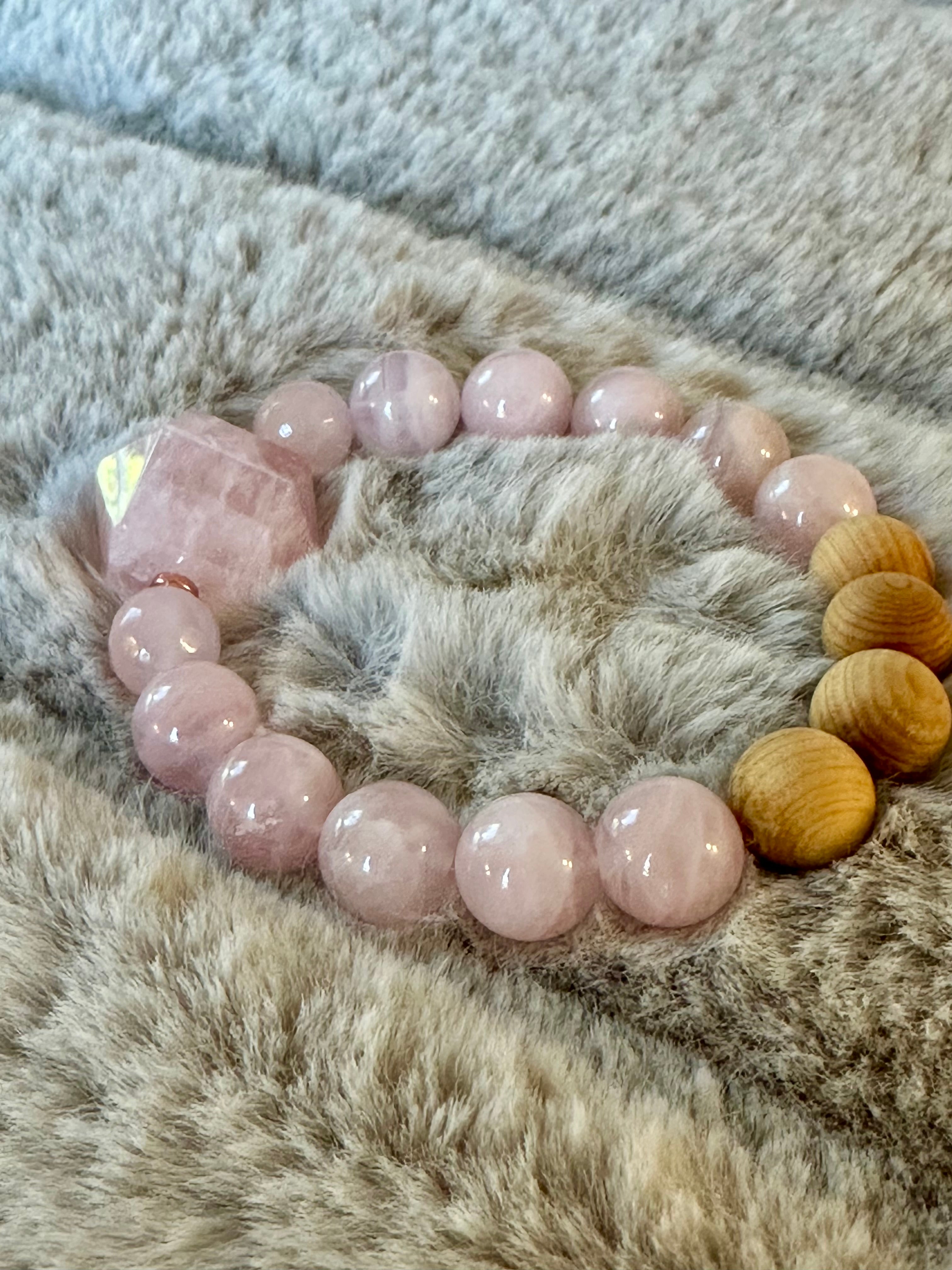 Sacred geometry inspired bracelet with Moroccan rose quartz beads. Genuine Rose quartz beaded bracelet.