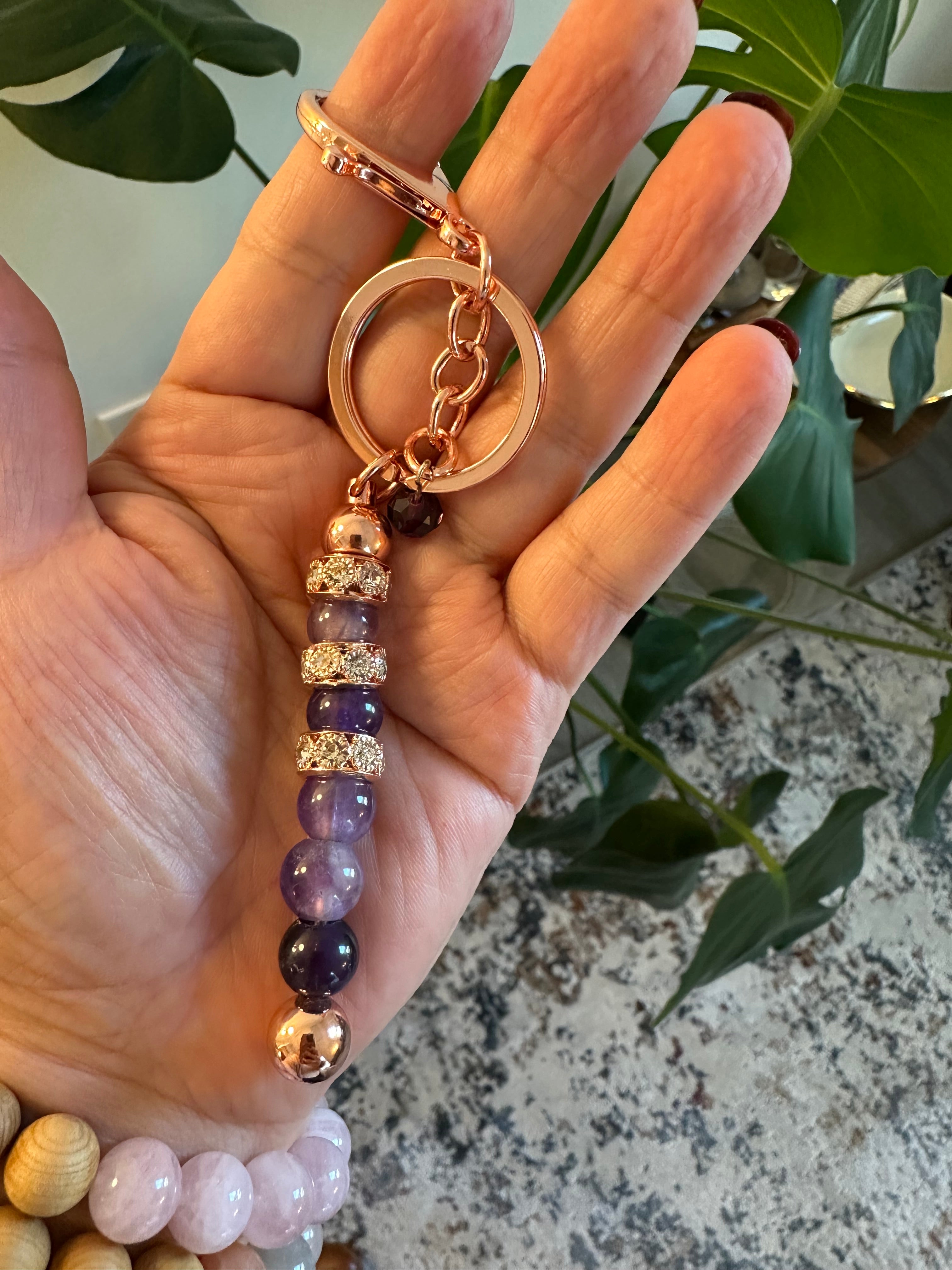 Natural Gemstone Rose Gold, Gold keychain. Rose quartz, quartz, amethyst crystal key chain.