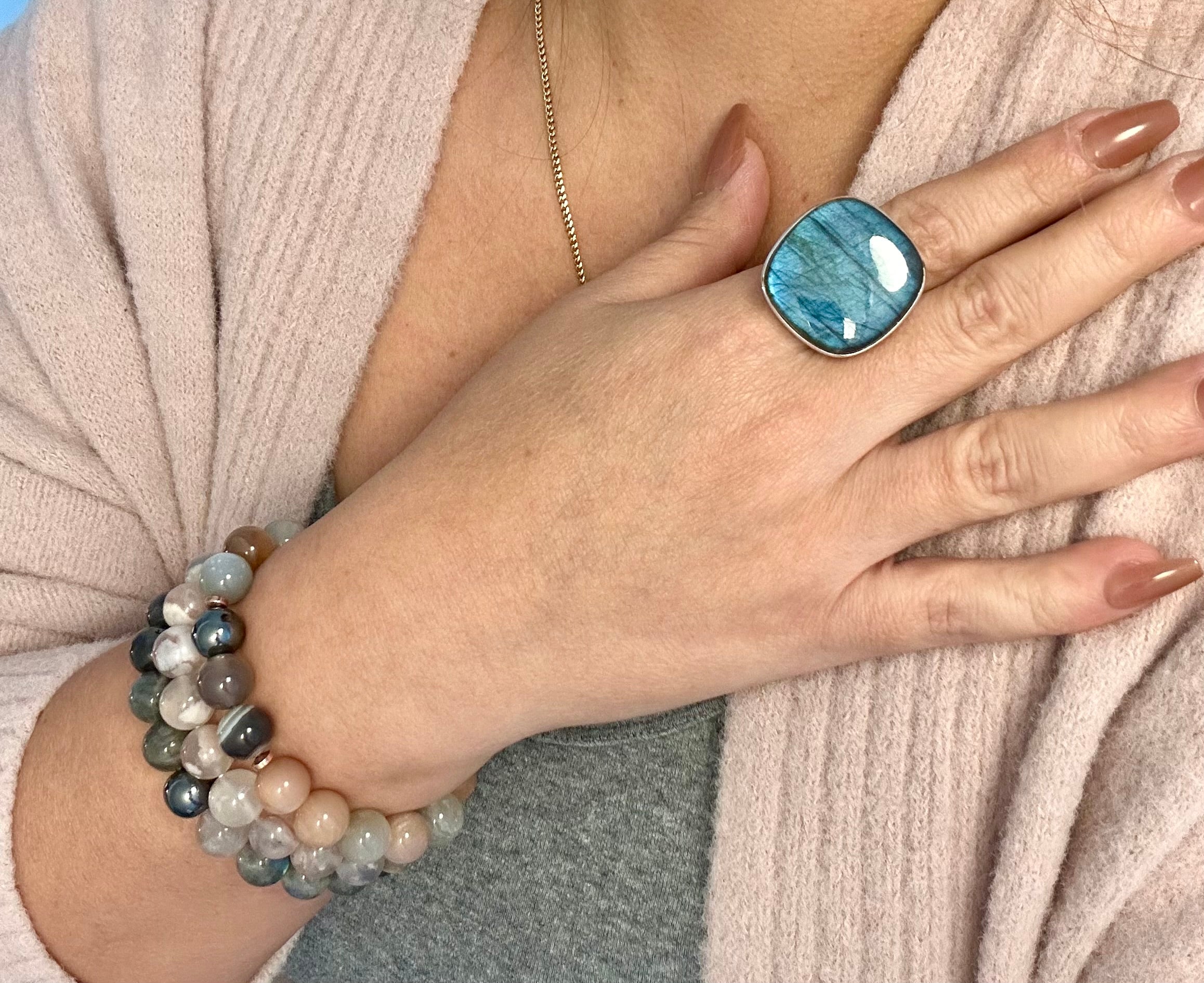 Large square-round Blue Labradorite Adjustable Silver Ring