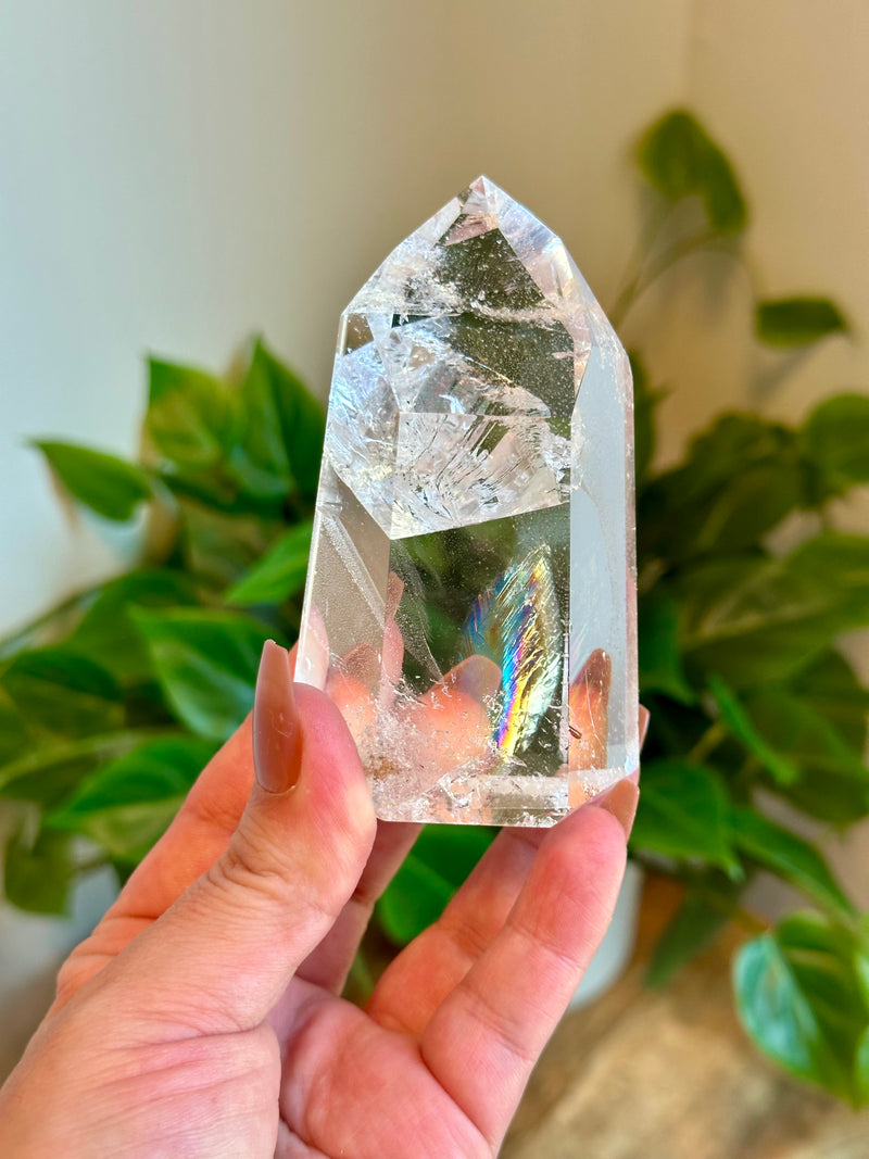 High Grade Quartz tower with Rare Rainbow Feather.