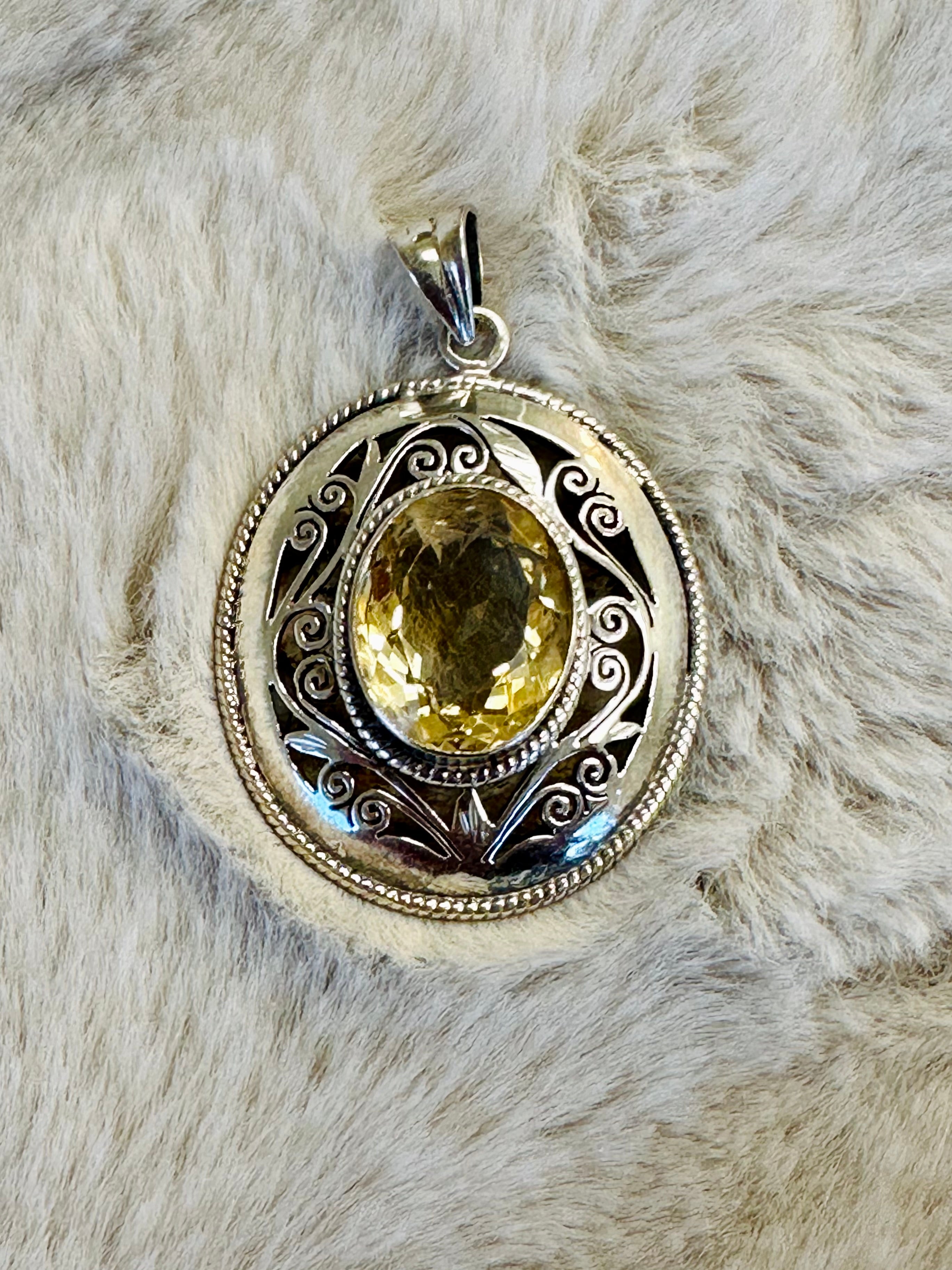 Large hand-crafted Sterling Silver Pendant with Genuine Citrine gemstone.