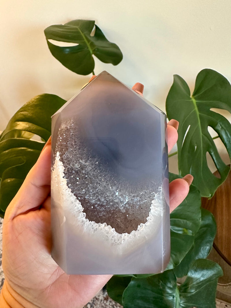 Large Grey Lavender Agate Tower with Galaxy-like Druzy.