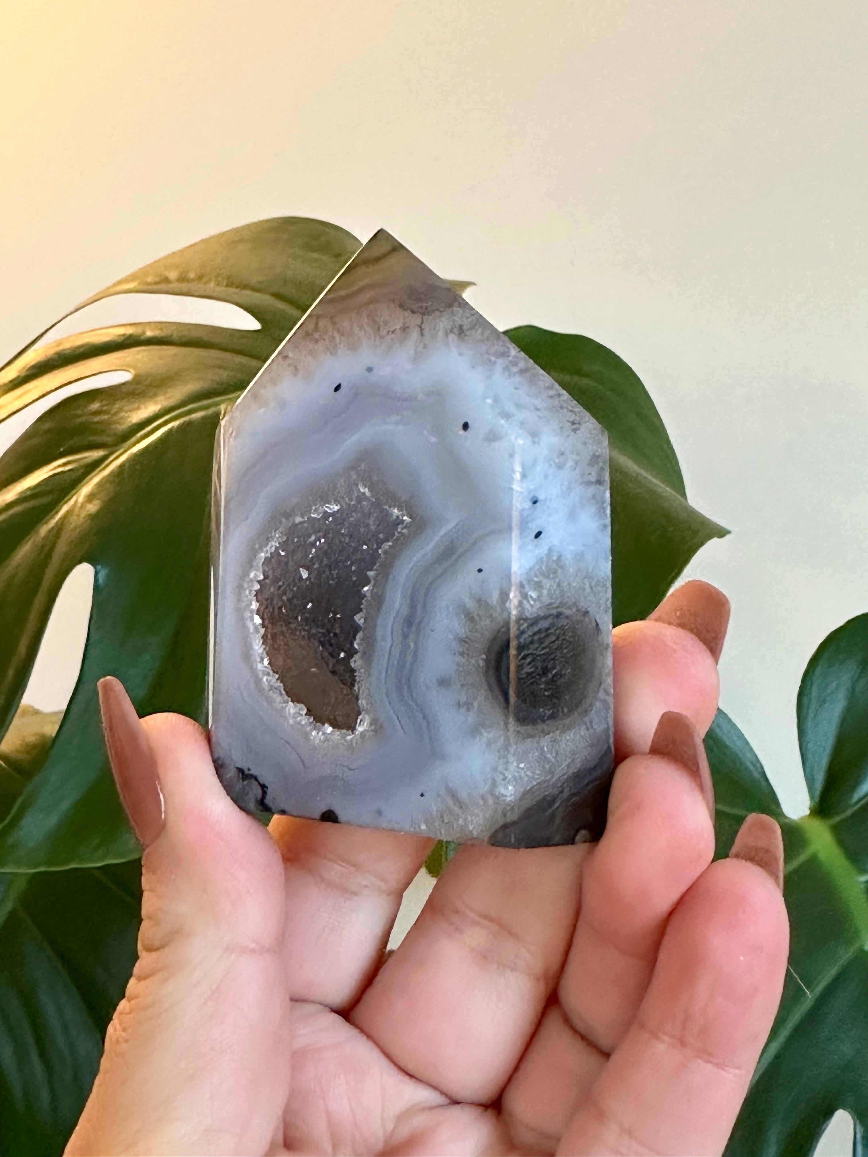 Medium Grey Agate Tower with Sugar Druzy with stunning features.