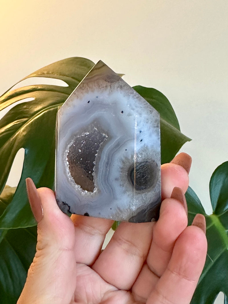 Medium Grey Agate Tower with Sugar Druzy with stunning features.