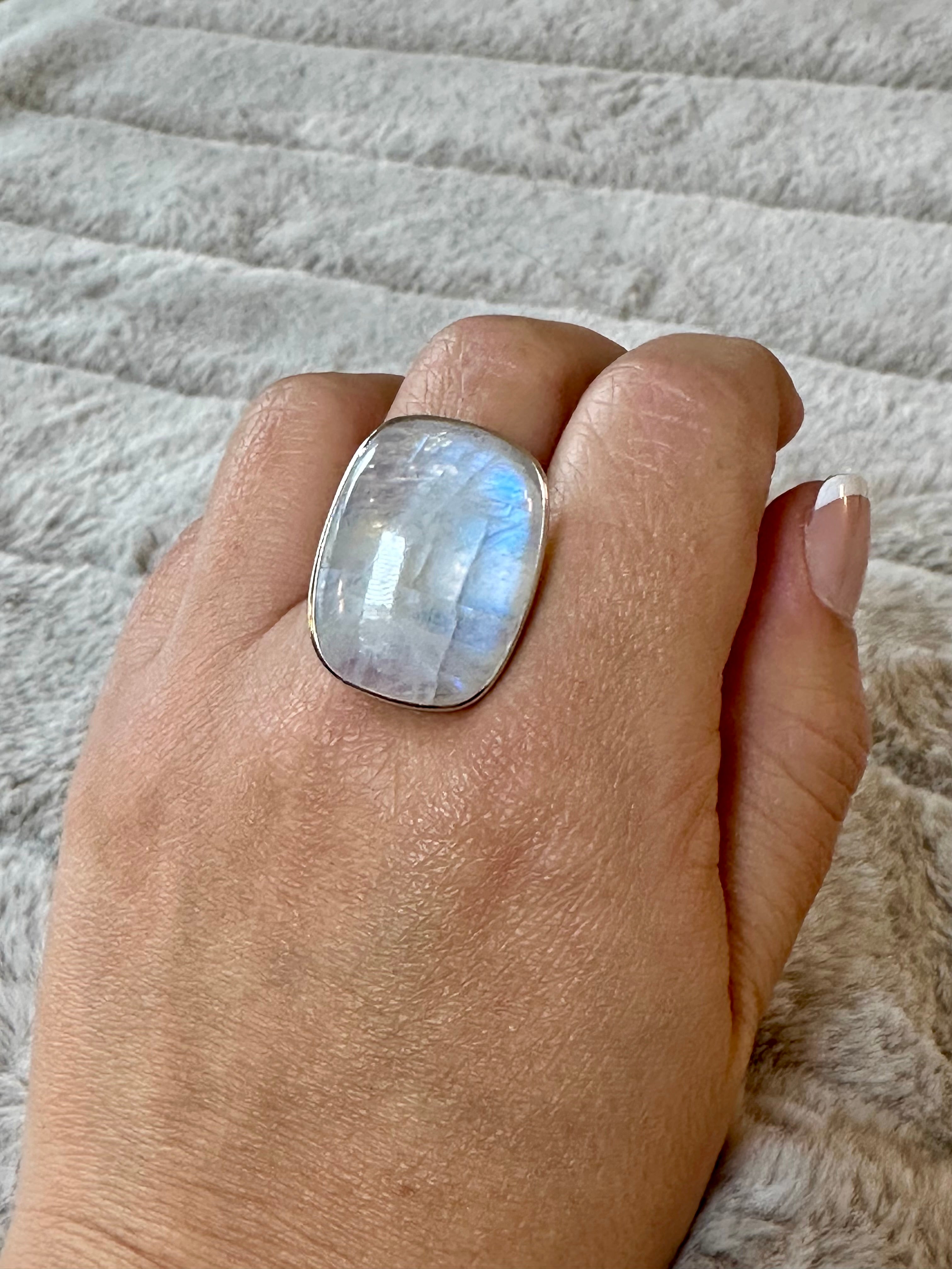 Moonstone Adjustable Silver Ring in Square-round shape.