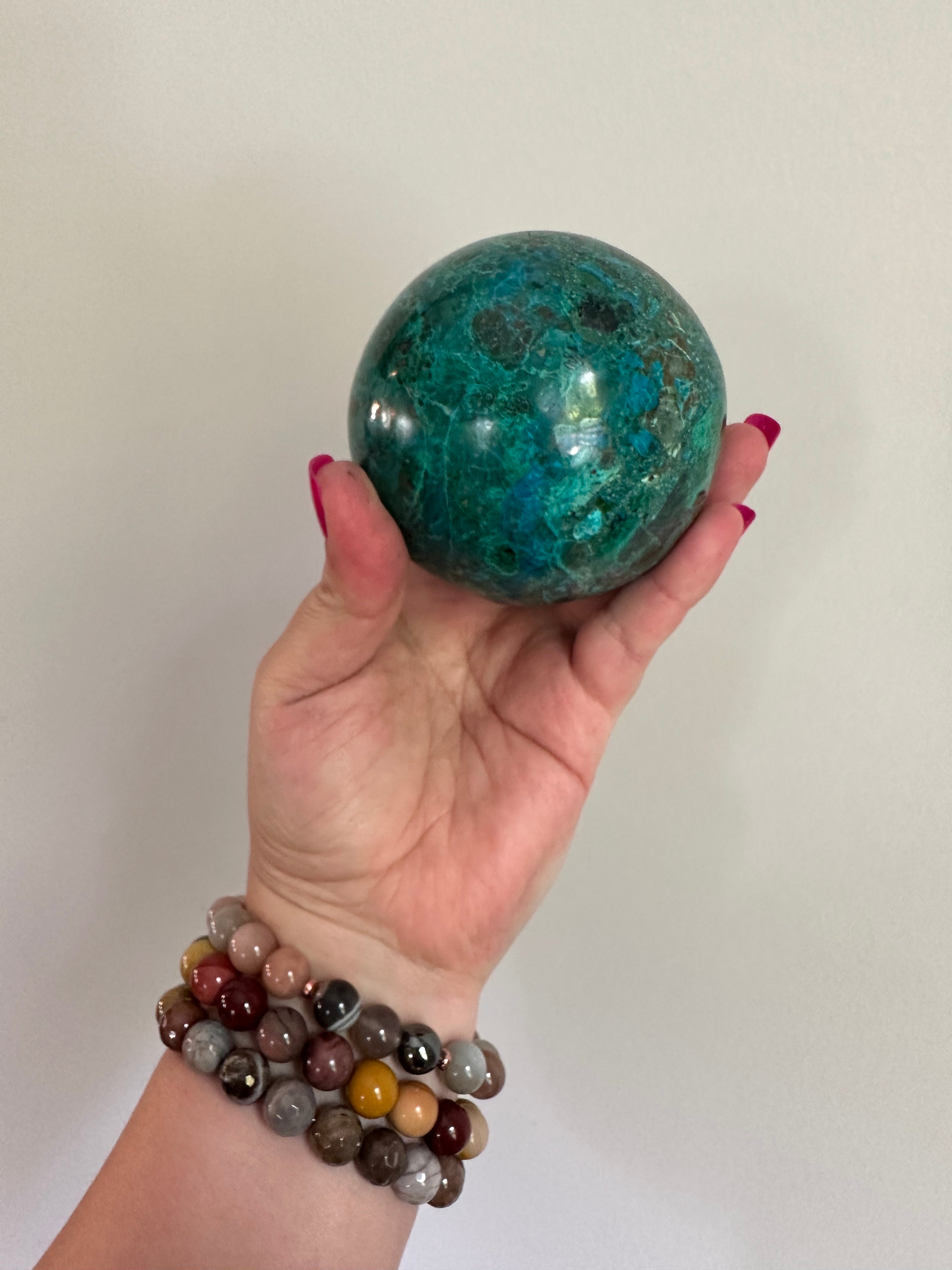 High Quality Large Chrysocolla sphere from Peru. 1lb 11.5oz.