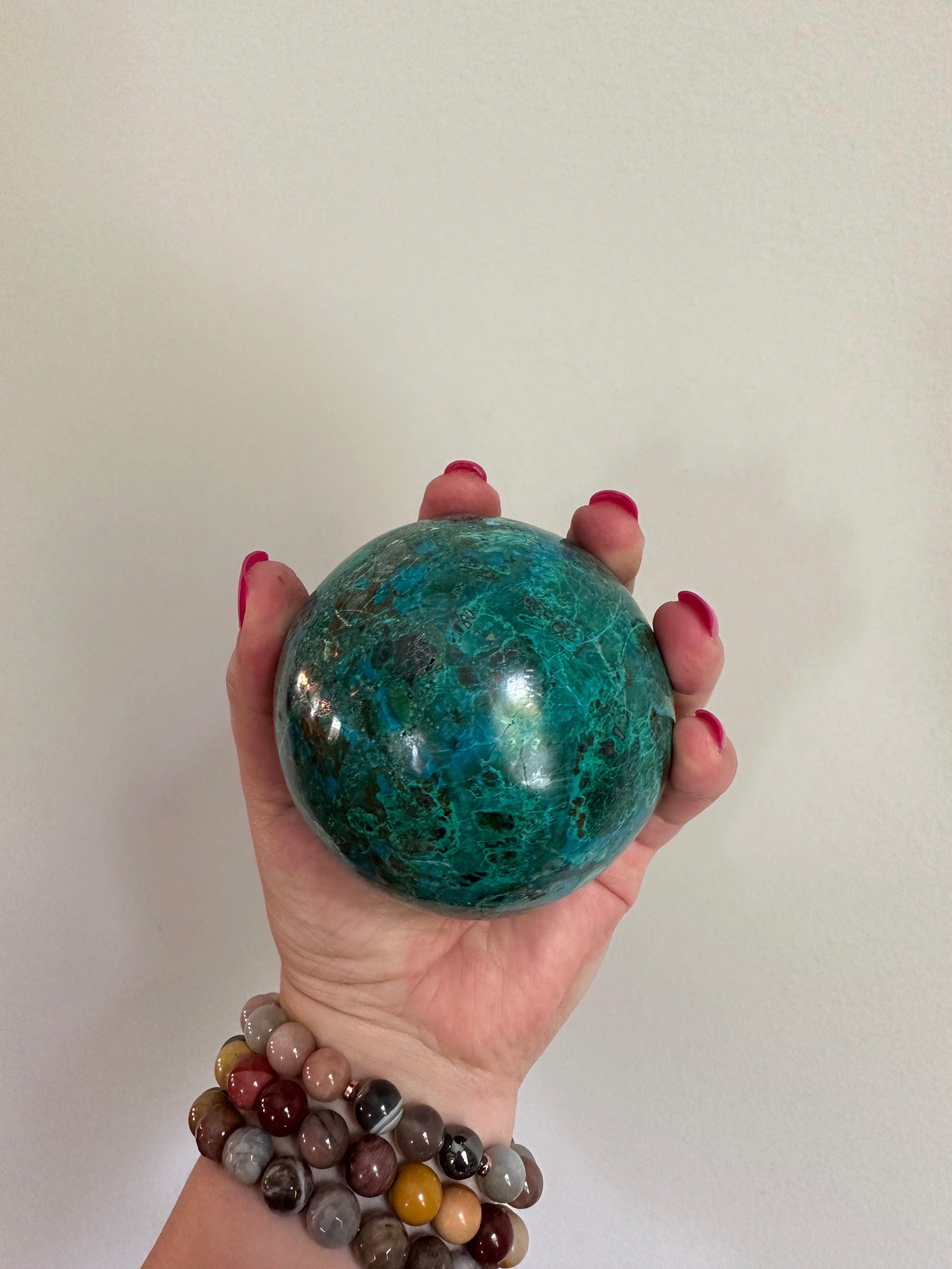 High Quality Large Chrysocolla sphere from Peru. 1lb 11.5oz.