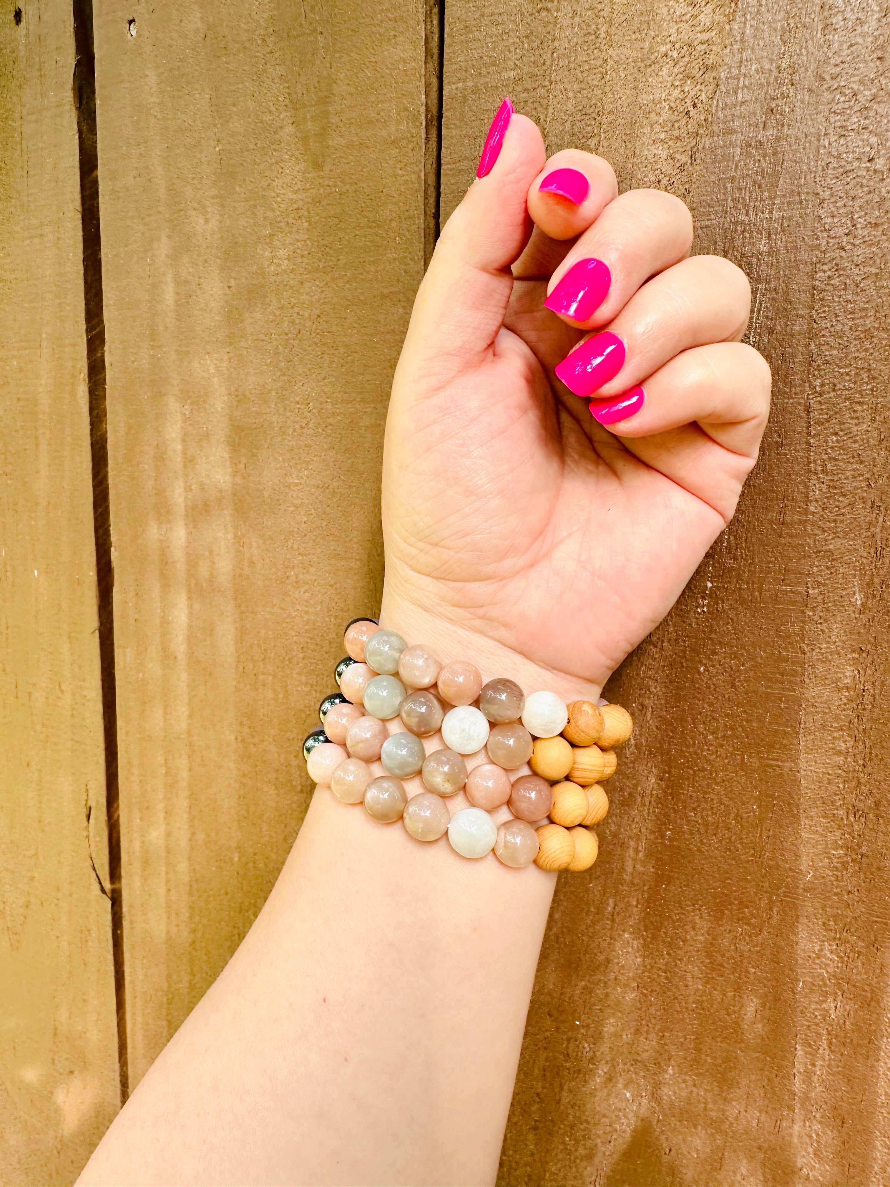 Handmade Natural Gemstone Bracelet with Rainbow Mooonstone, Agate, Hematite and Cypress wood beads.10mm bracelet.