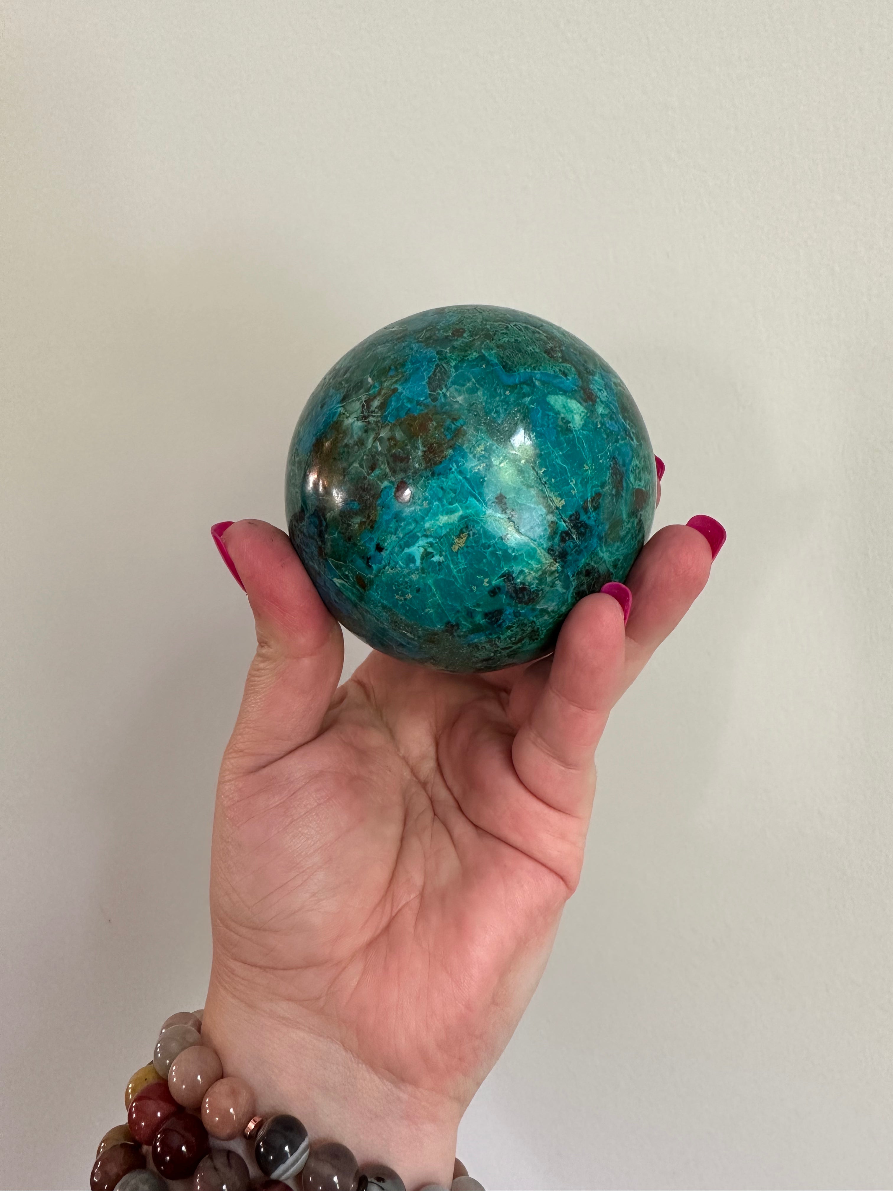 High Quality Large Chrysocolla sphere from Peru. 1lb 15oz.