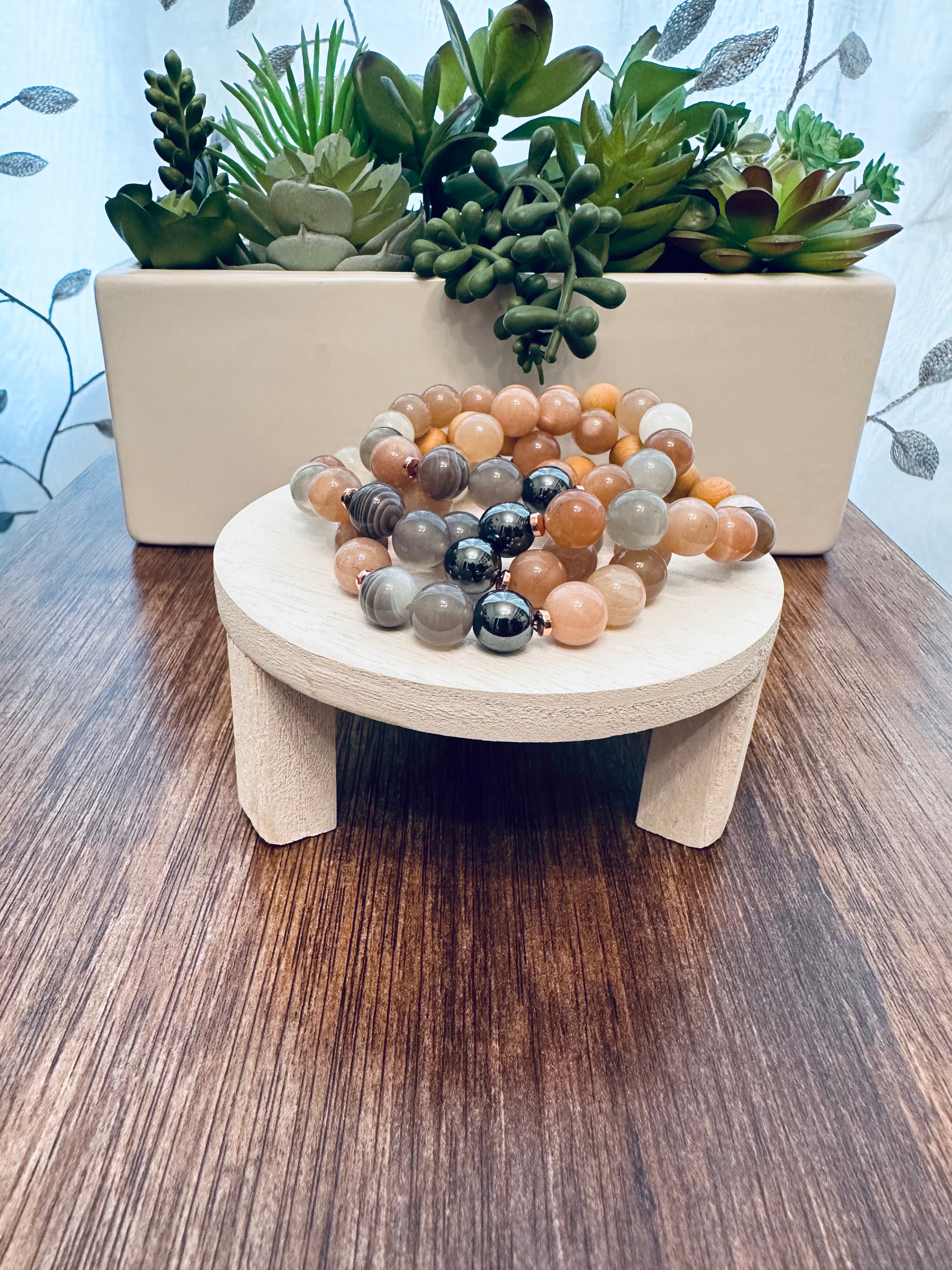 Handmade Natural Gemstone Bracelet with Rainbow Mooonstone, Agate, Hematite and Cypress wood beads.10mm bracelet.