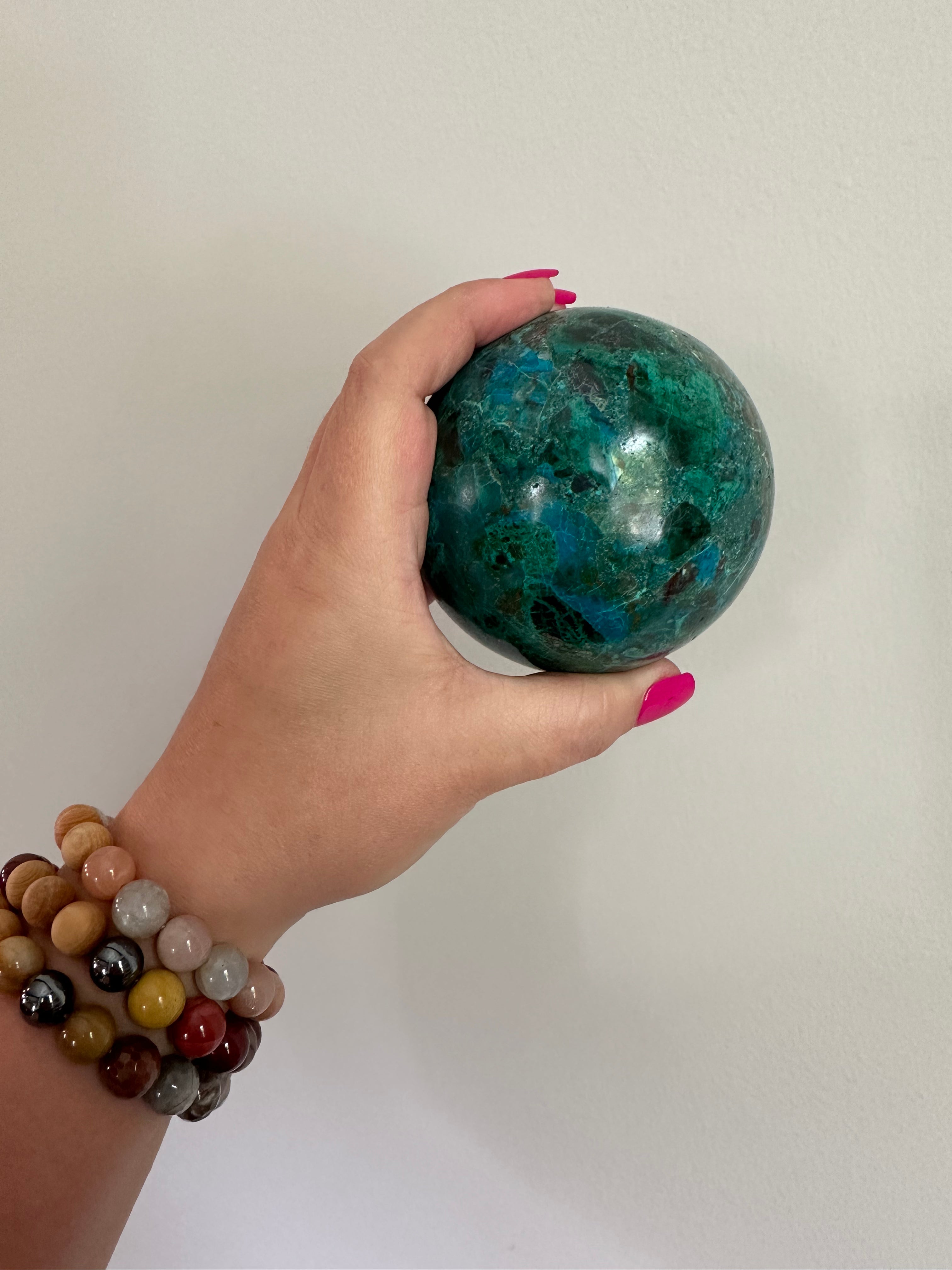 High Quality Large Chrysocolla sphere from Peru. 1lb 11.5oz.