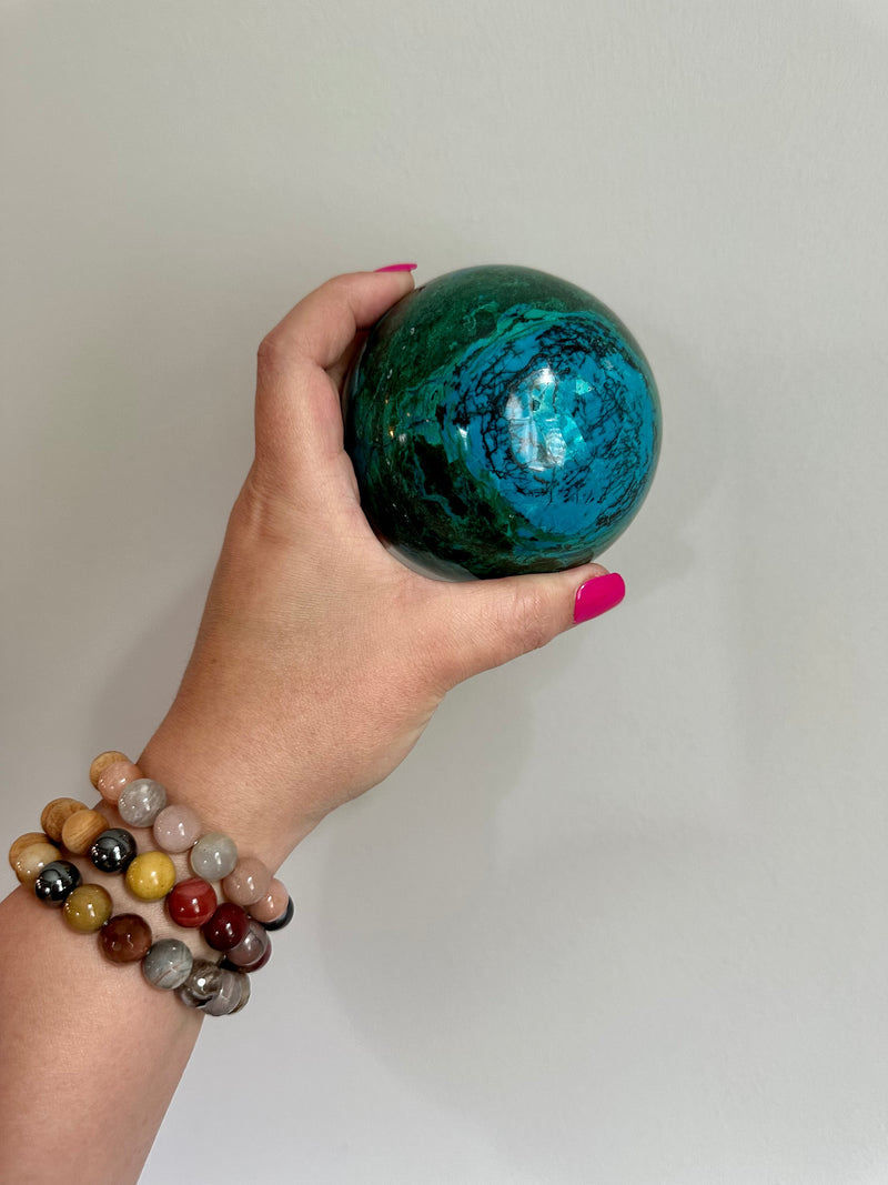 High Quality Large Chrysocolla sphere from Peru. 2lbs 6.7oz.