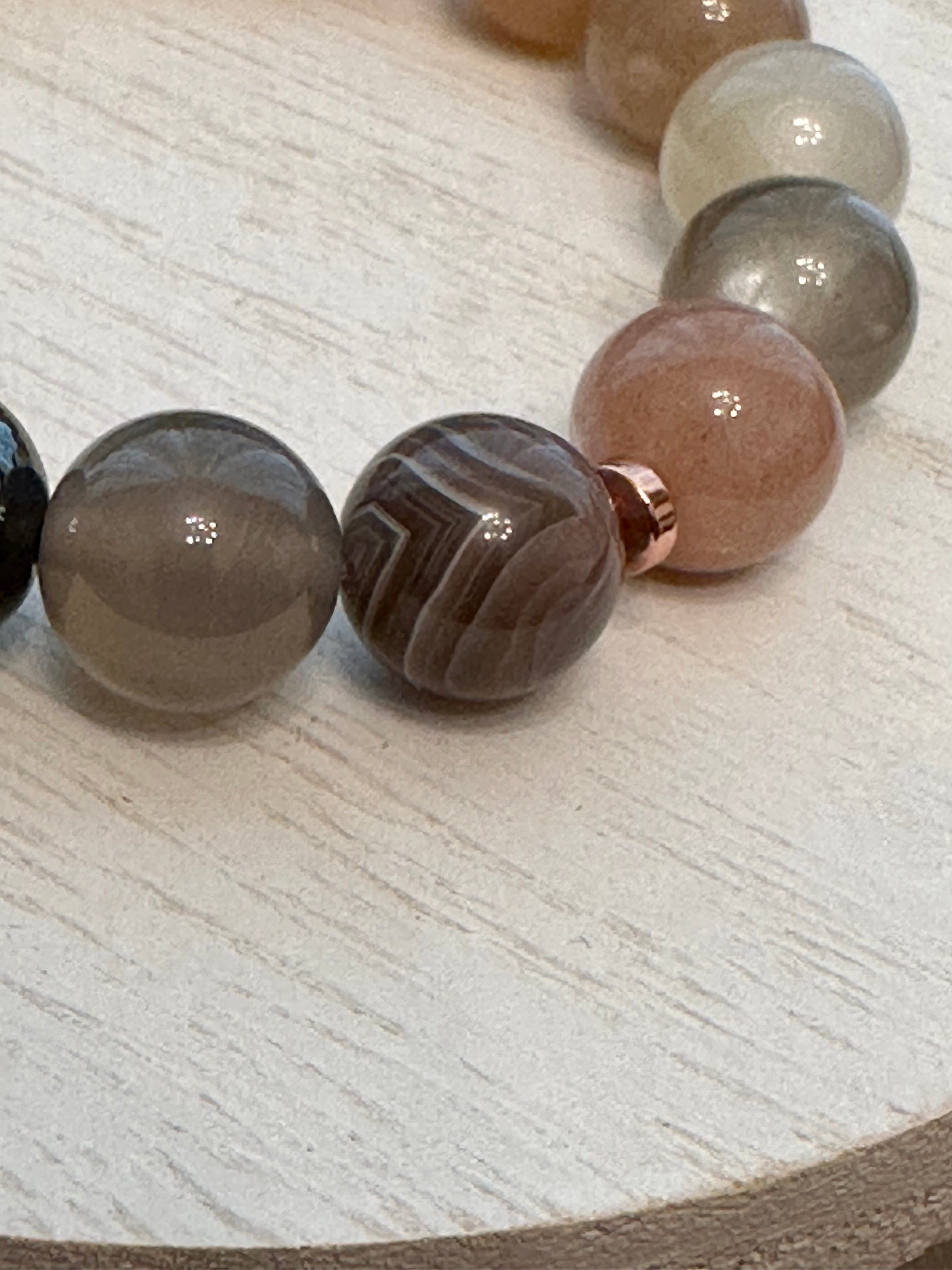 Handmade Natural Gemstone Bracelet with Rainbow Mooonstone, Agate, Hematite and Cypress wood beads.10mm bracelet.